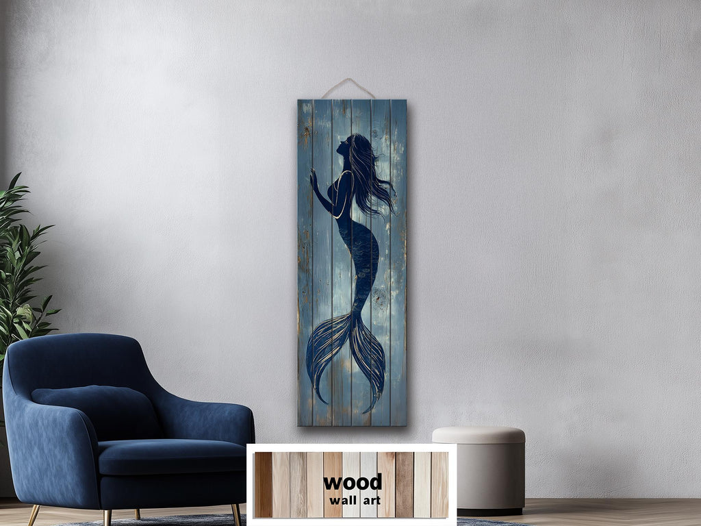 Mermaid Tall Narrow Wood Wall Art For Coastal Beach House Decor