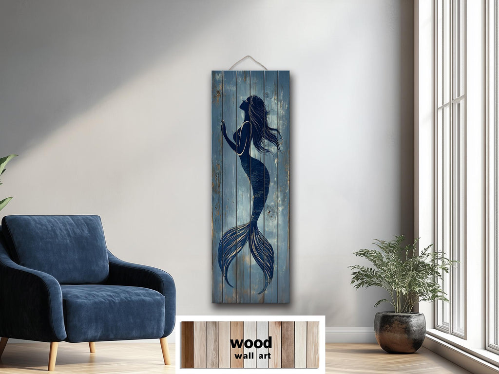Mermaid Tall Narrow Wood Wall Art For Coastal Beach House Decor