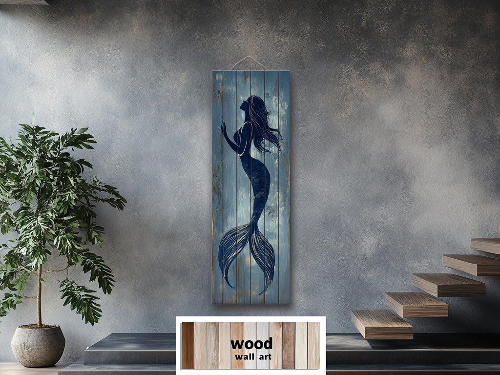 Mermaid Tall Narrow Wood Wall Art For Coastal Beach House Decor