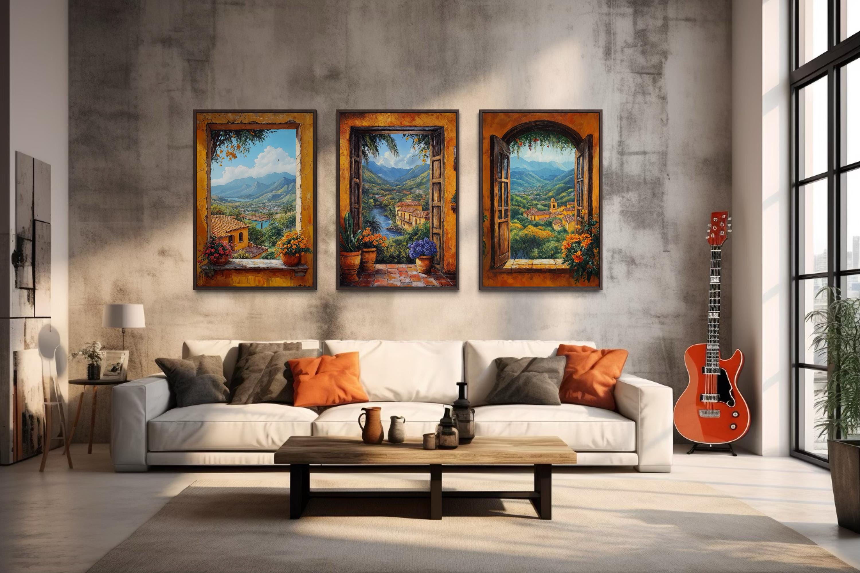 Mexican Window View Wall Art - Set of Three Colorful Canvas Prints | Hacienda Landscape Decor