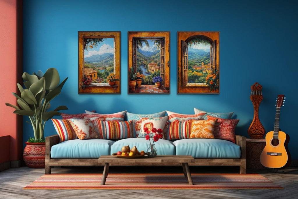 Mexican Window View Wall Art - Set of Three Colorful Canvas Prints | Hacienda Landscape Decor