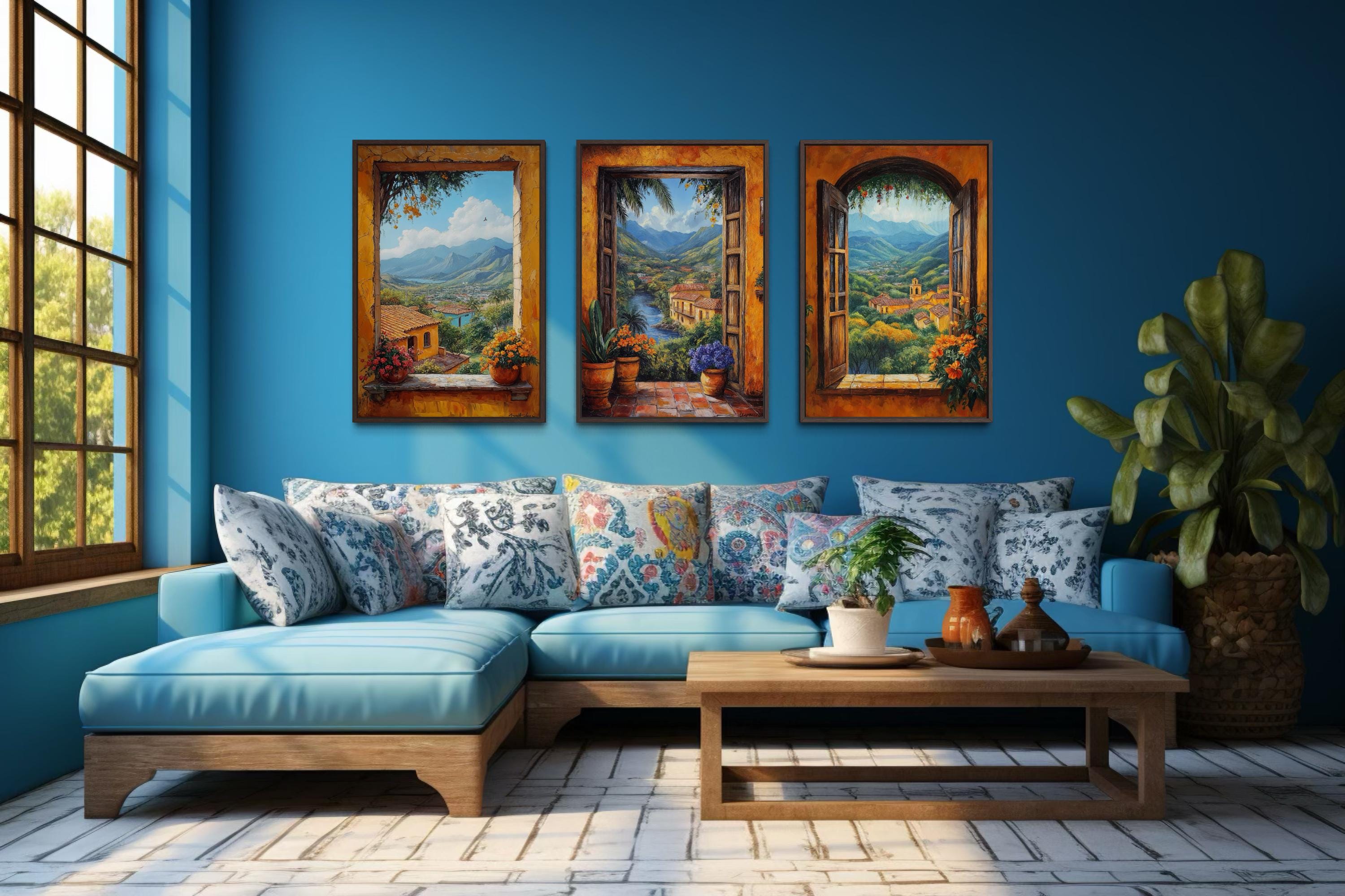Mexican Window View Wall Art - Set of Three Colorful Canvas Prints | Hacienda Landscape Decor