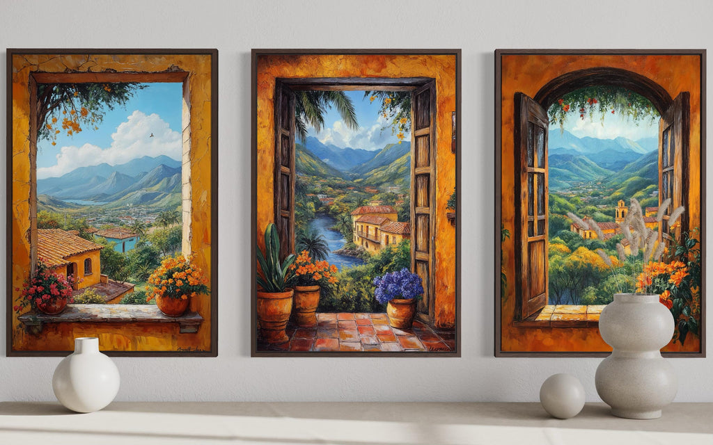 Mexican Window View Wall Art - Set of Three Colorful Canvas Prints | Hacienda Landscape Decor