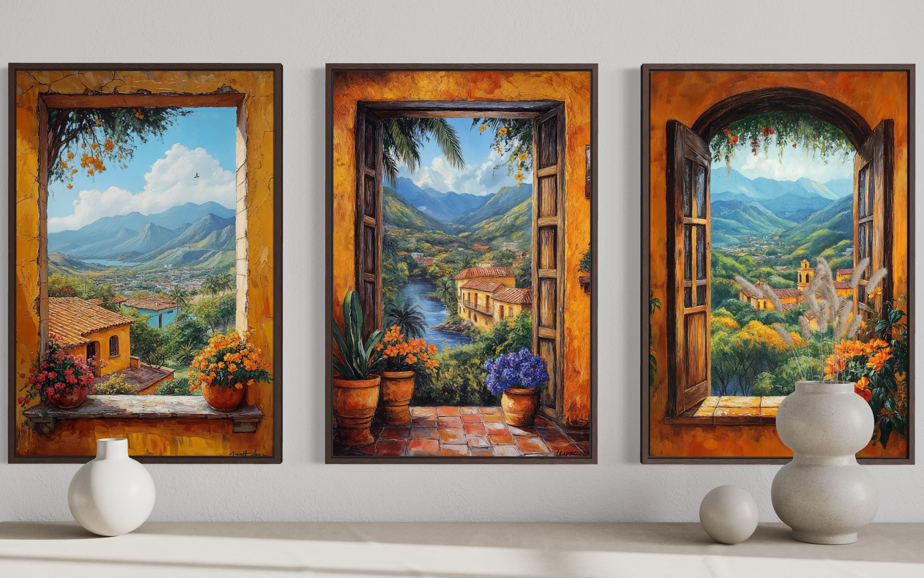 Mexican Window View Wall Art - Set of Three Colorful Canvas Prints | Hacienda Landscape Decor
