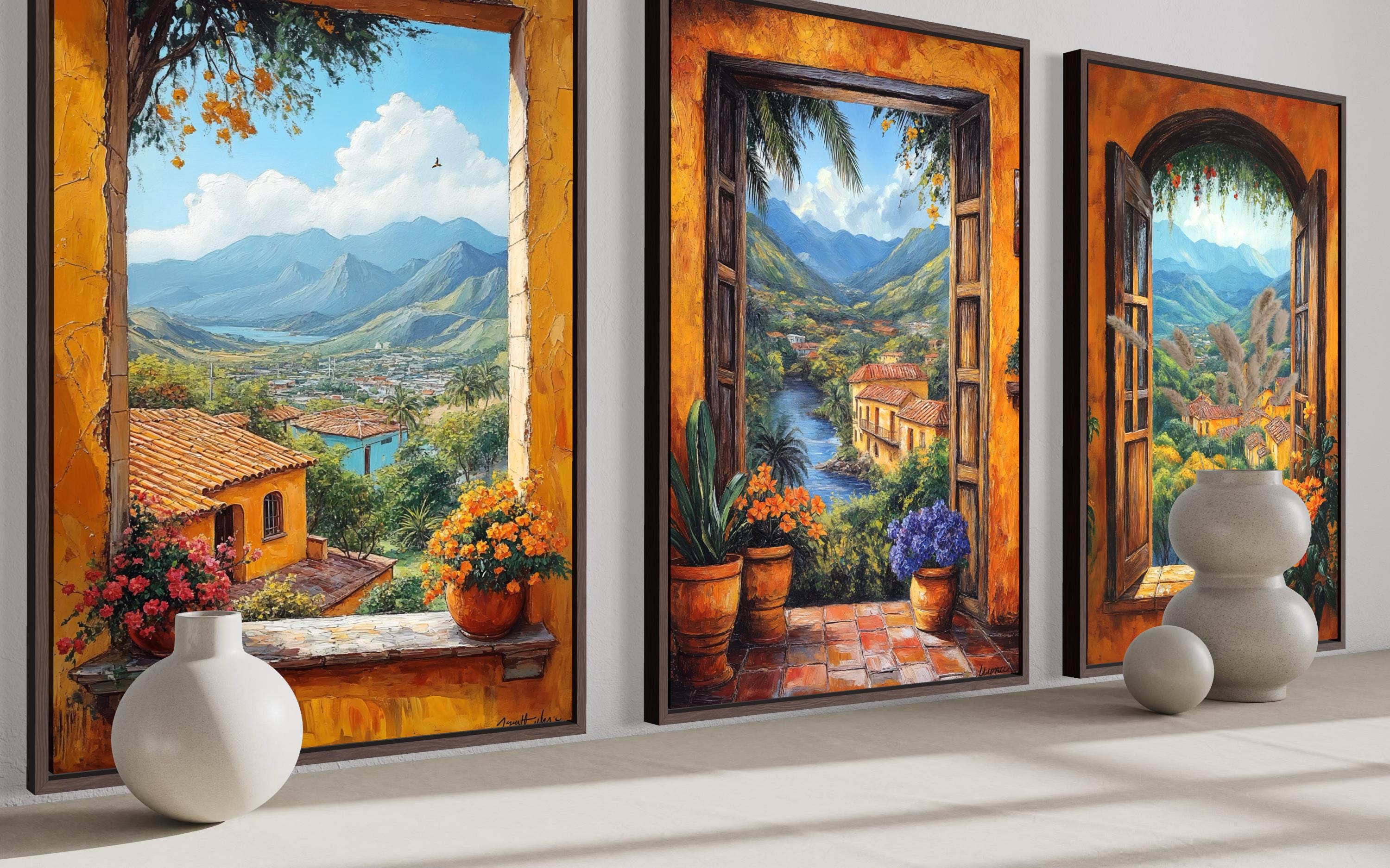Mexican Window View Wall Art - Set of Three Colorful Canvas Prints | Hacienda Landscape Decor