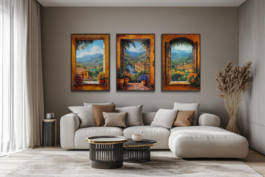 Mexican Window View Wall Art - Set of Three Colorful Canvas Prints | Hacienda Landscape Decor