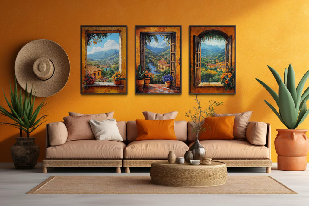 Mexican Window View Wall Art - Set of Three Colorful Canvas Prints | Hacienda Landscape Decor