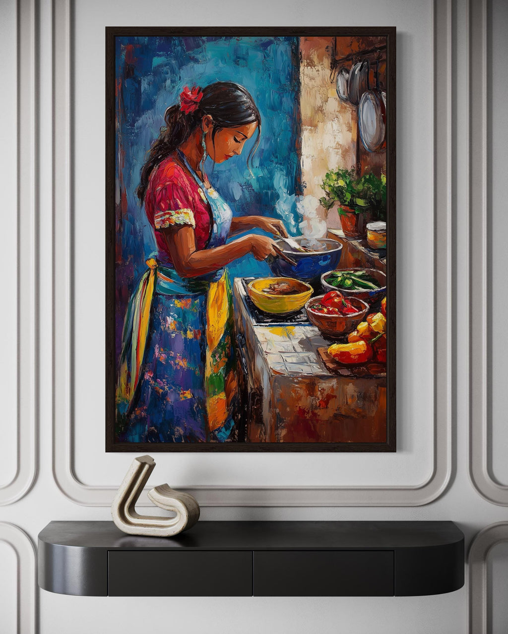 Mexican Woman Cooking  Traditional Mexican Kitchen Canvas Wall Art