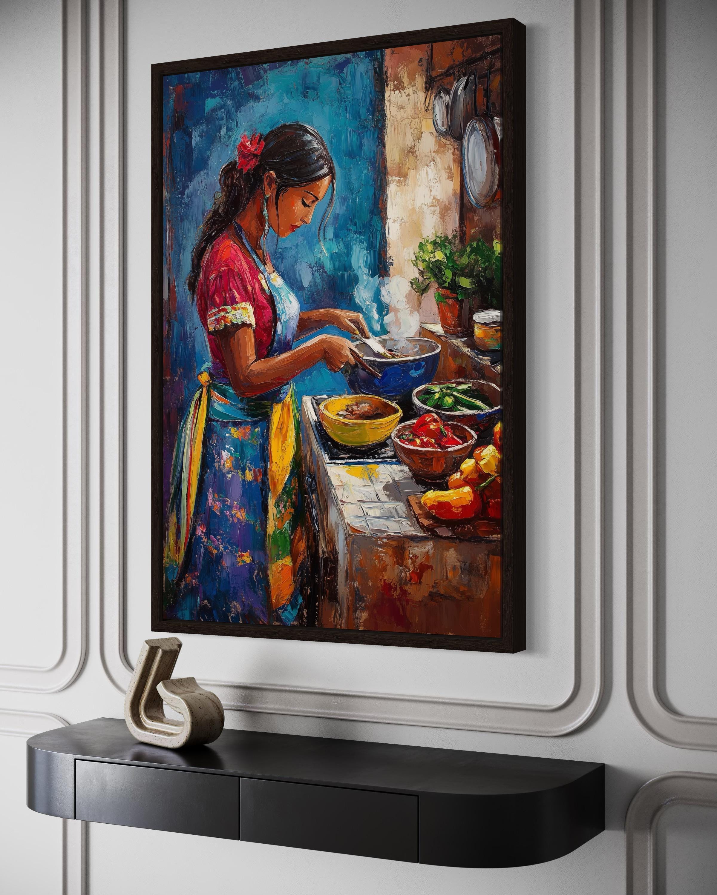 Mexican Woman Cooking  Traditional Mexican Kitchen Canvas Wall Art
