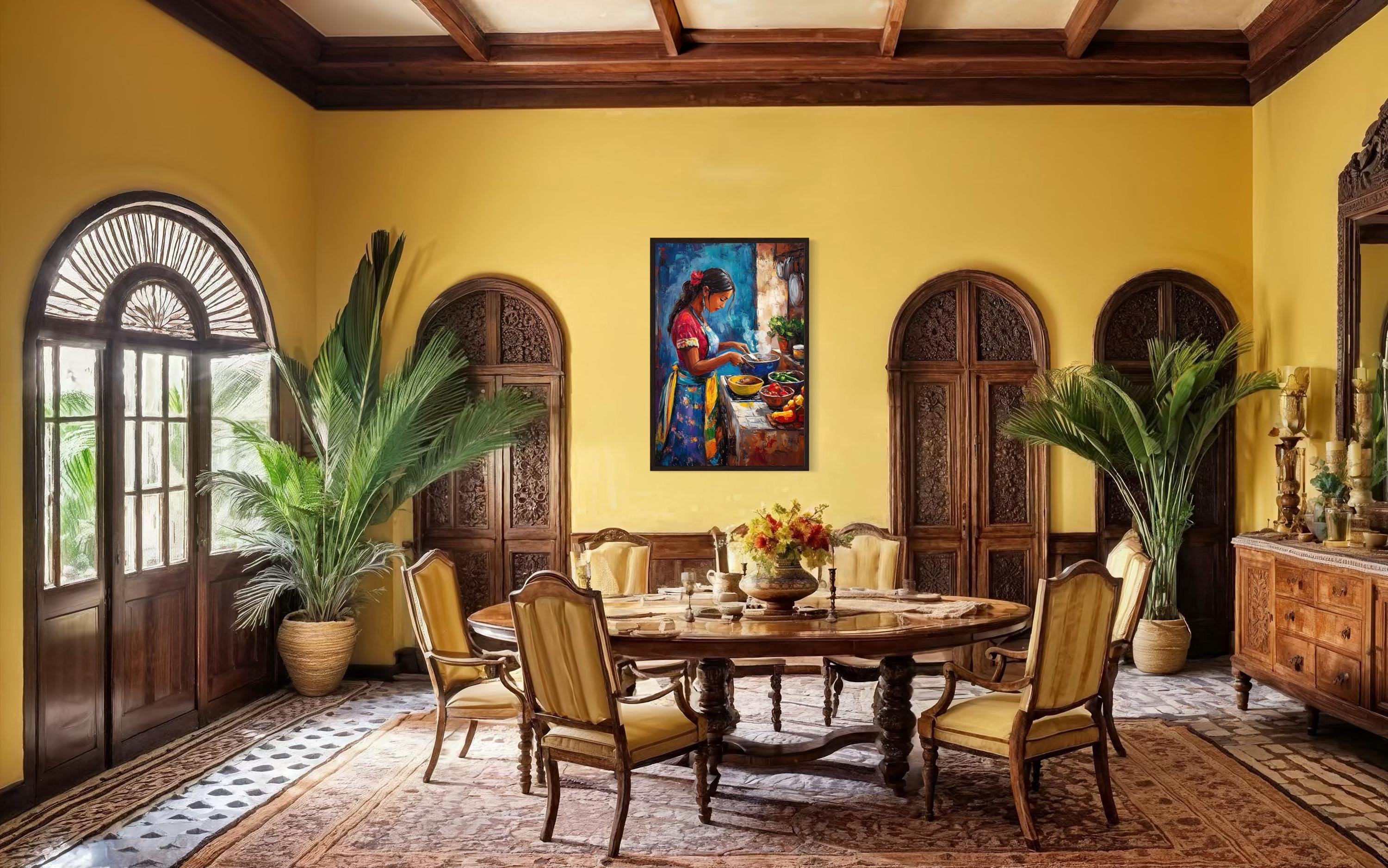 Mexican Woman Cooking  Traditional Mexican Kitchen Canvas Wall Art