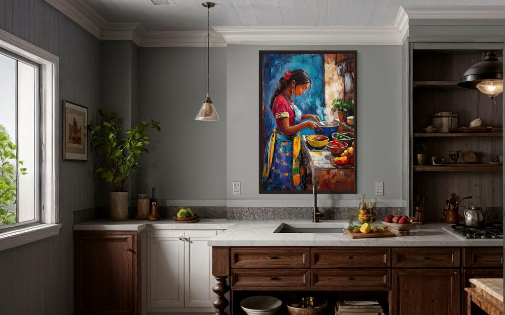 Mexican Woman Cooking  Traditional Mexican Kitchen Canvas Wall Art