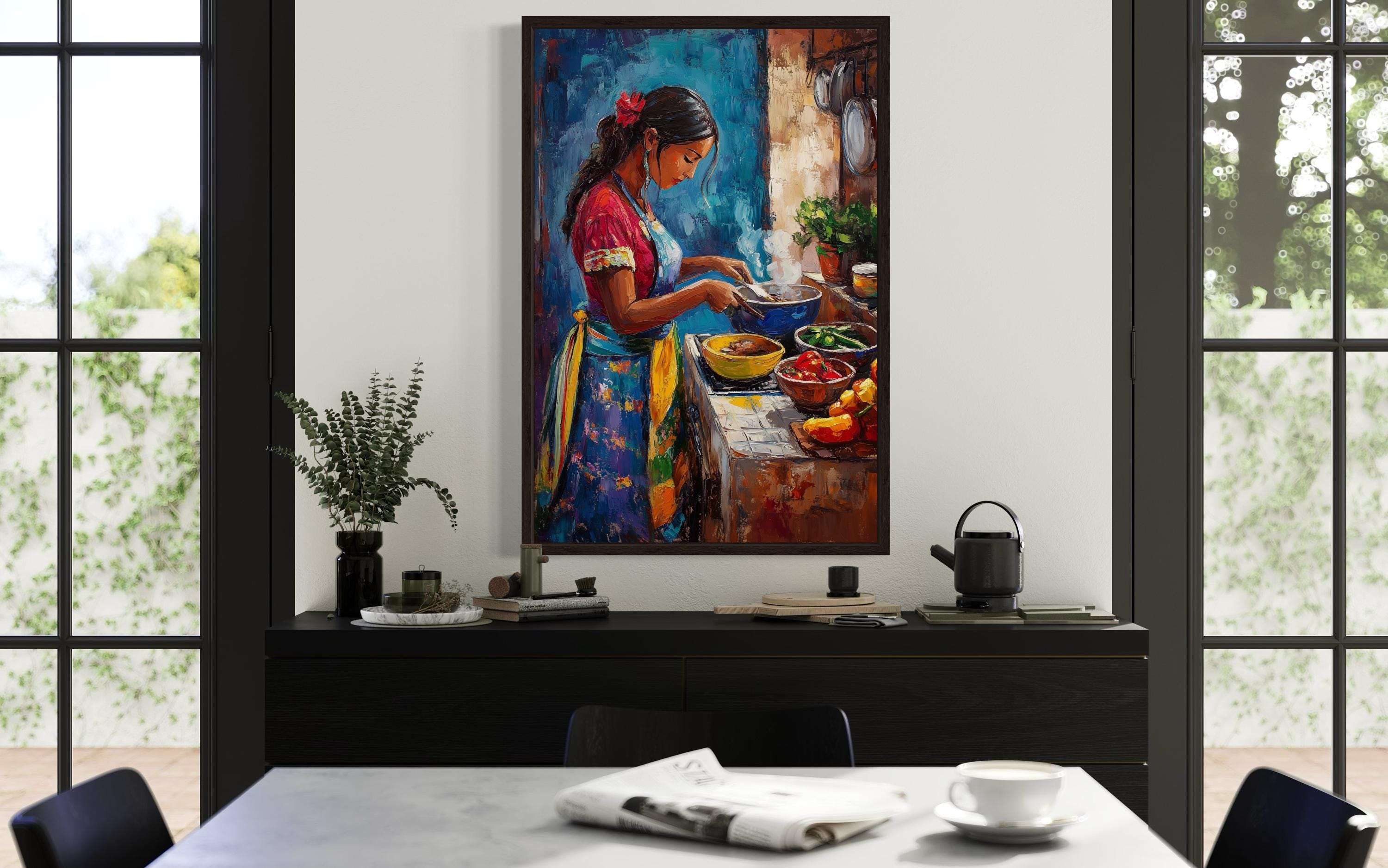 Mexican Woman Cooking  Traditional Mexican Kitchen Canvas Wall Art