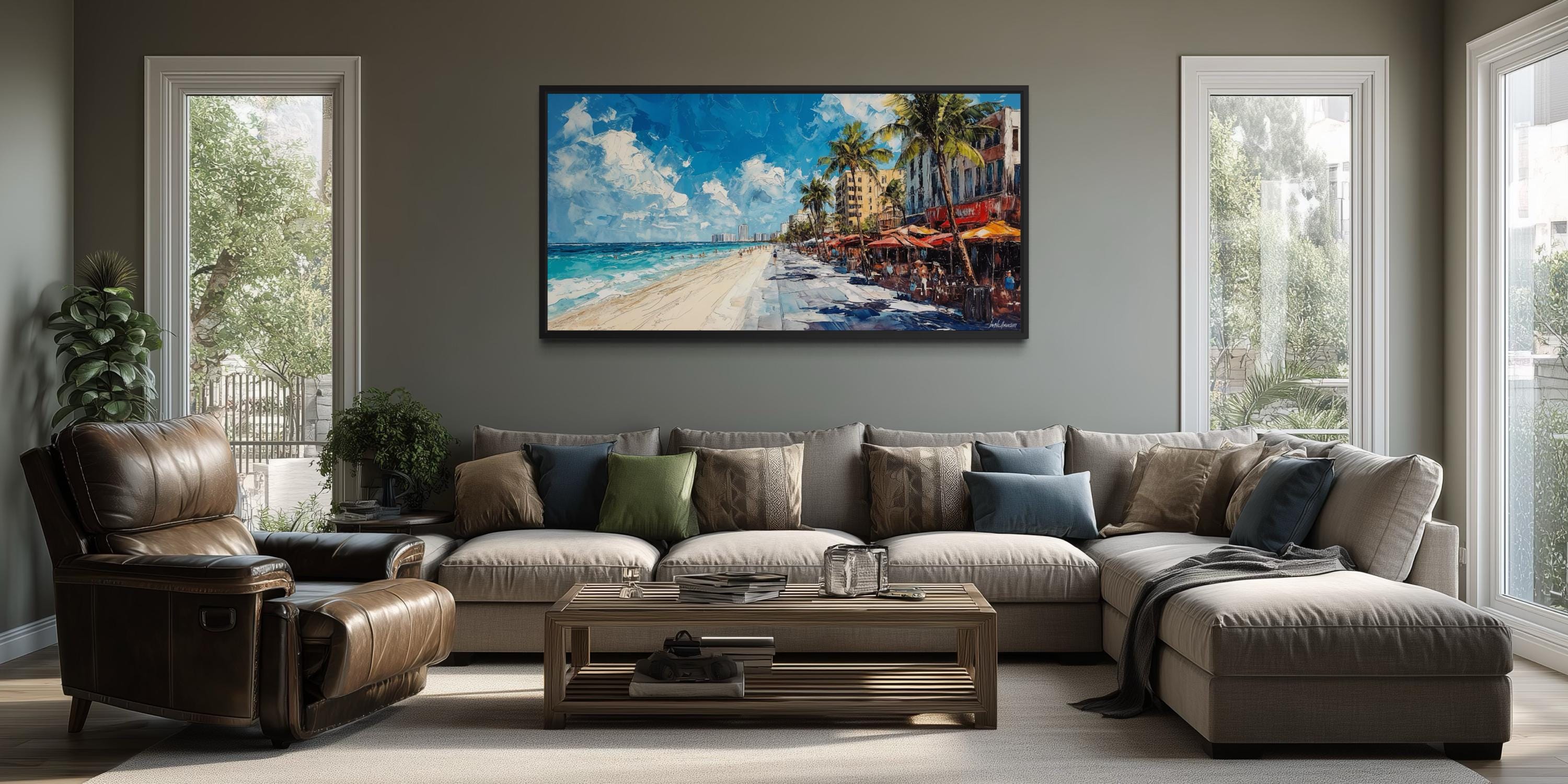 Miami Beach Wall Art - Colorful Oceanfront Cityscape Canvas Print | Coastal Palm Tree Decor