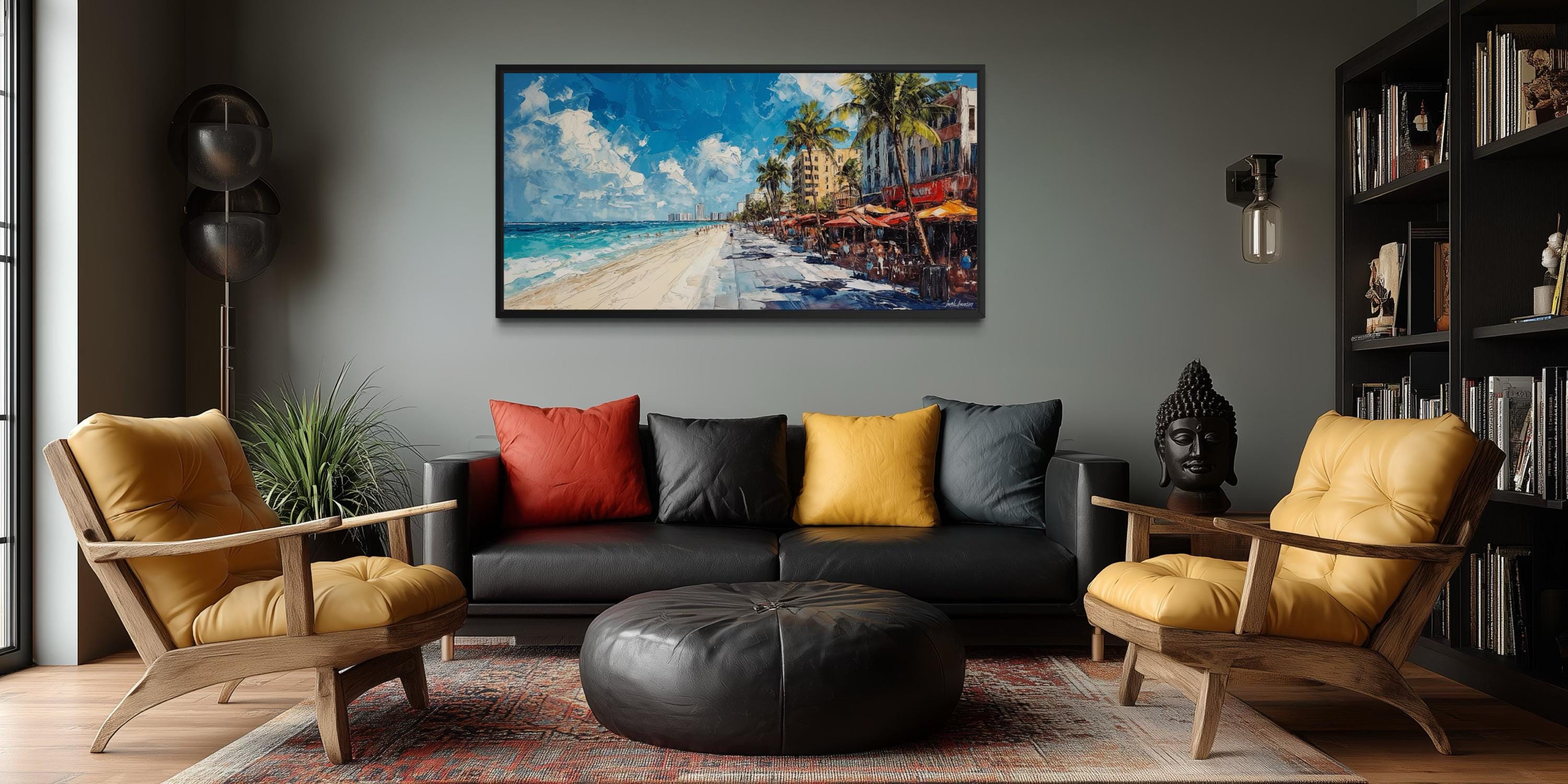Miami Beach Wall Art - Colorful Oceanfront Cityscape Canvas Print | Coastal Palm Tree Decor