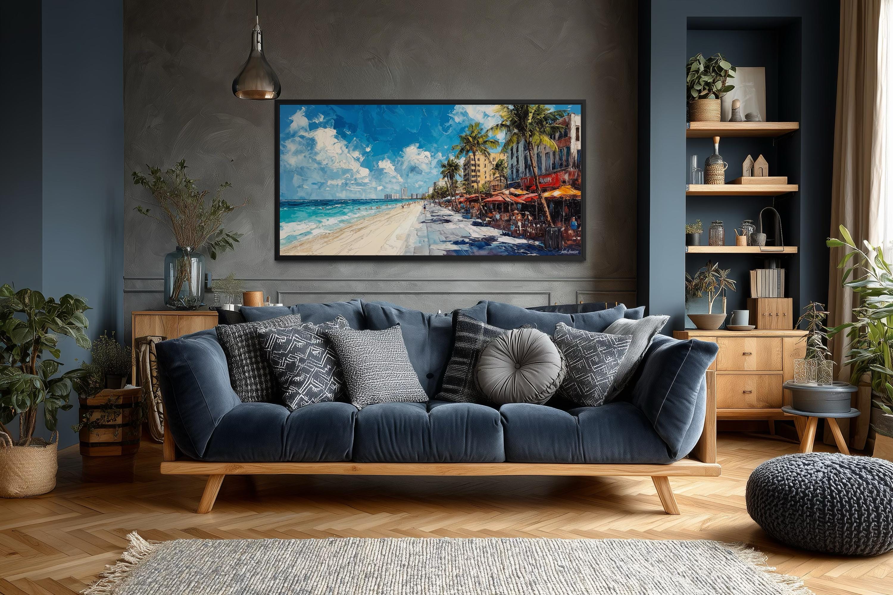 Miami Beach Wall Art - Colorful Oceanfront Cityscape Canvas Print | Coastal Palm Tree Decor