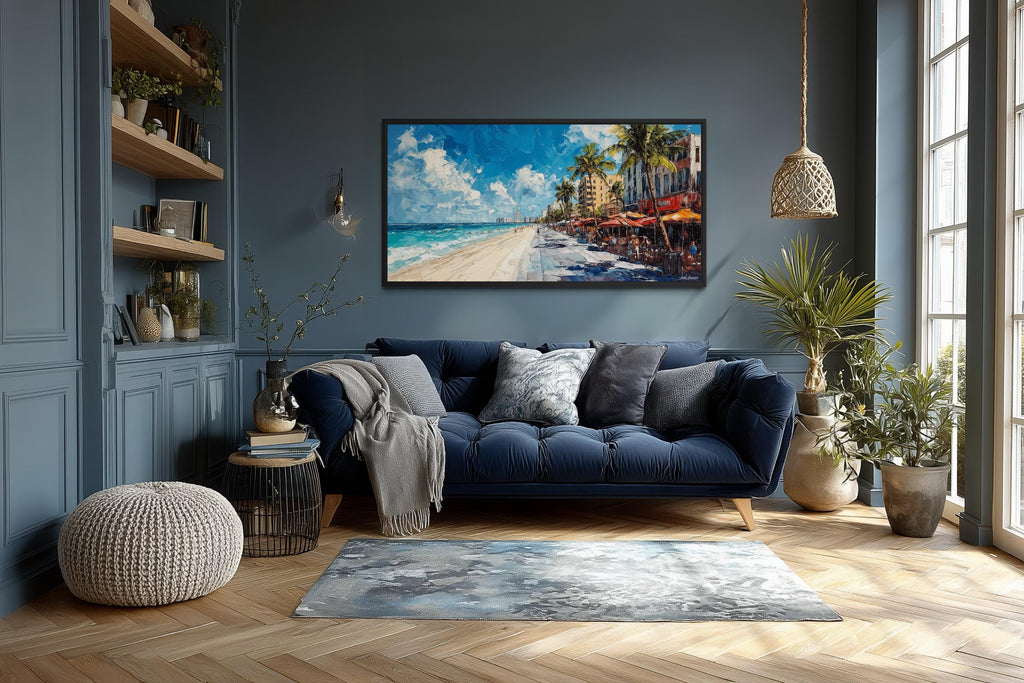 Miami Beach Wall Art - Colorful Oceanfront Cityscape Canvas Print | Coastal Palm Tree Decor
