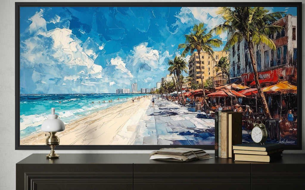 Miami Beach Wall Art - Colorful Oceanfront Cityscape Canvas Print | Coastal Palm Tree Decor