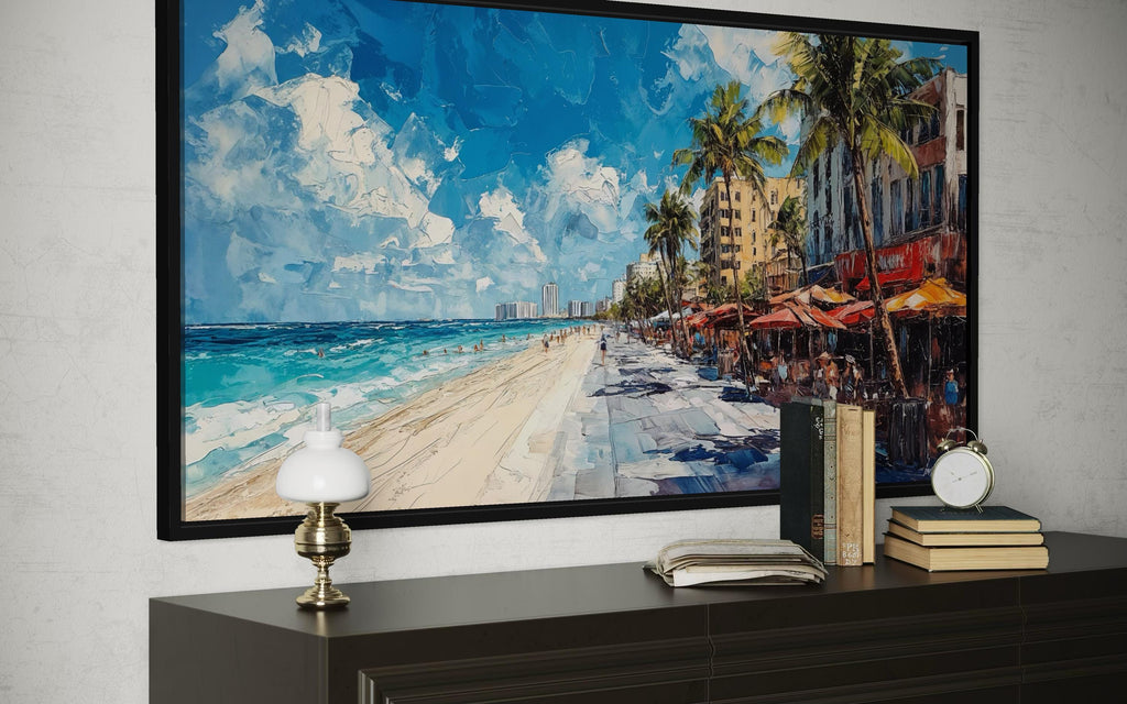 Miami Beach Wall Art - Colorful Oceanfront Cityscape Canvas Print | Coastal Palm Tree Decor