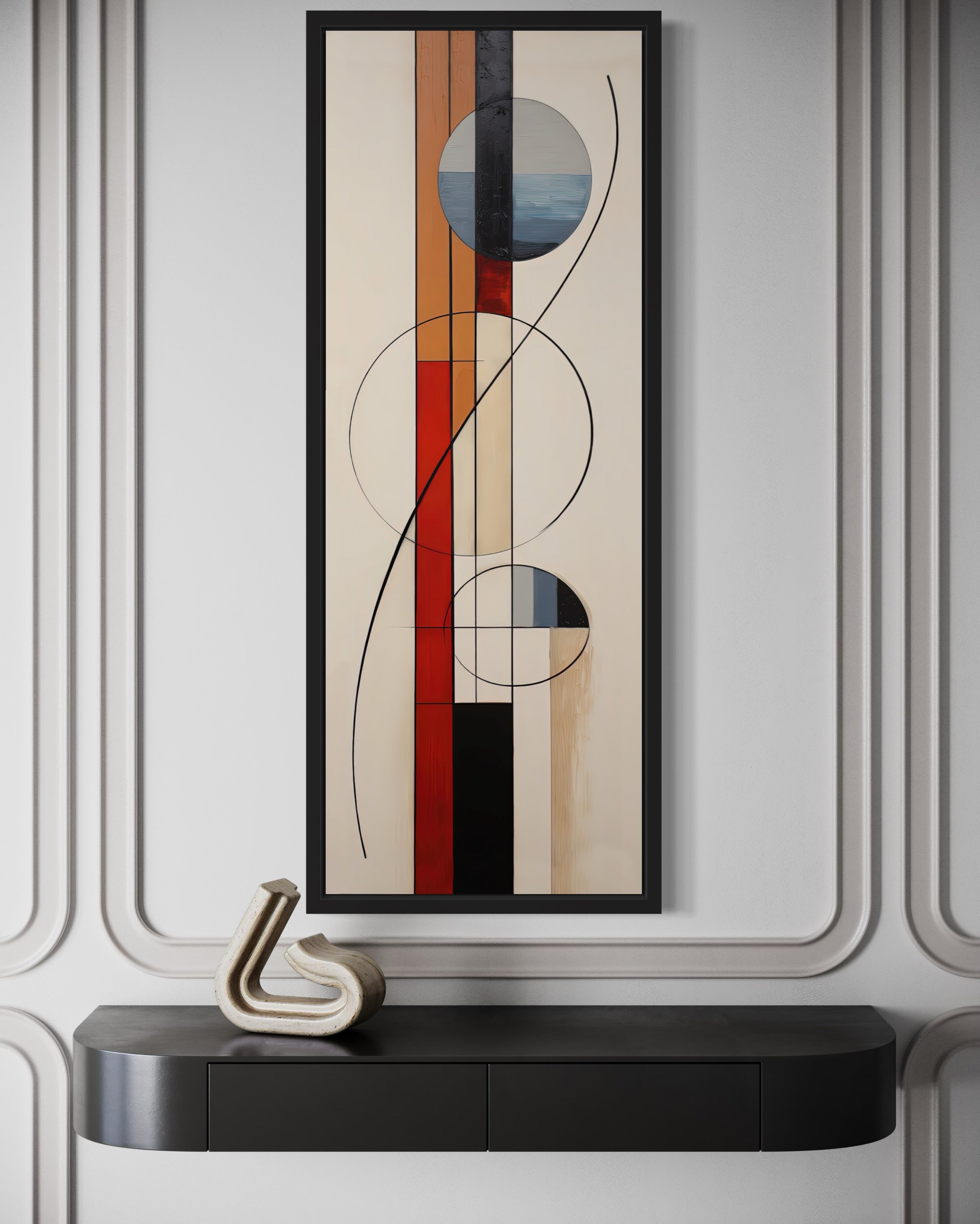Mid Century Modern Beige Red Blue Geometric Tall Narrow Framed Canvas Wall Art