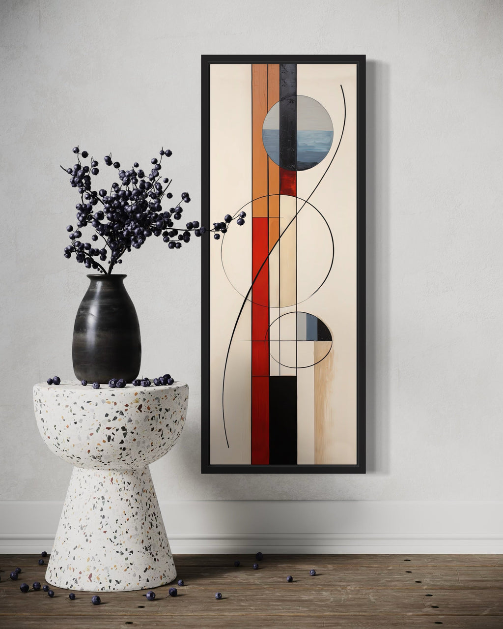 Mid Century Modern Beige Red Blue Geometric Tall Narrow Framed Canvas Wall Art