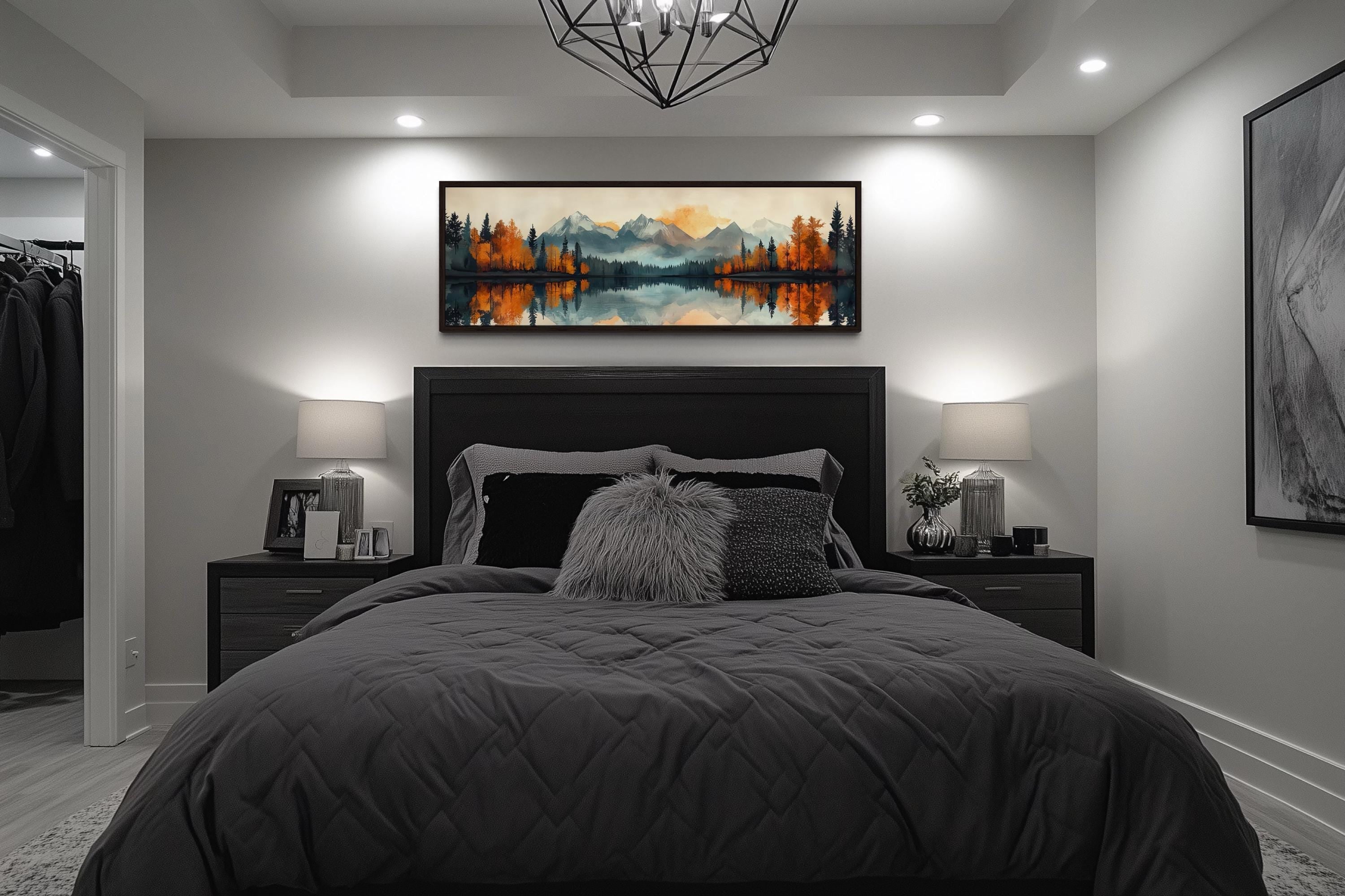 Mid Century Modern Lake Landscape Long Narrow Wall Art