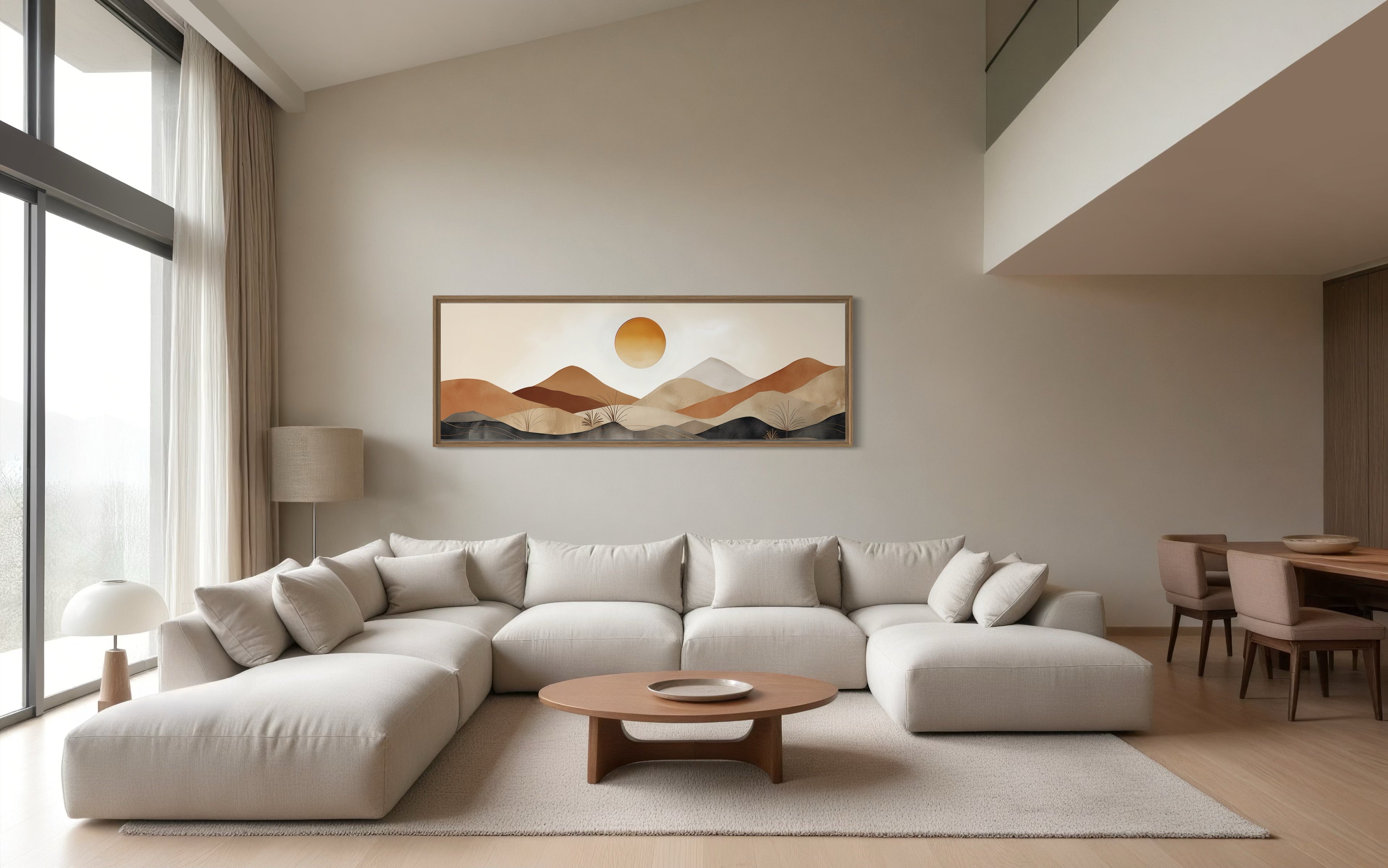 Mid Century Modern Neutral Brown Beige Mountain Landscape Canvas Wall Art