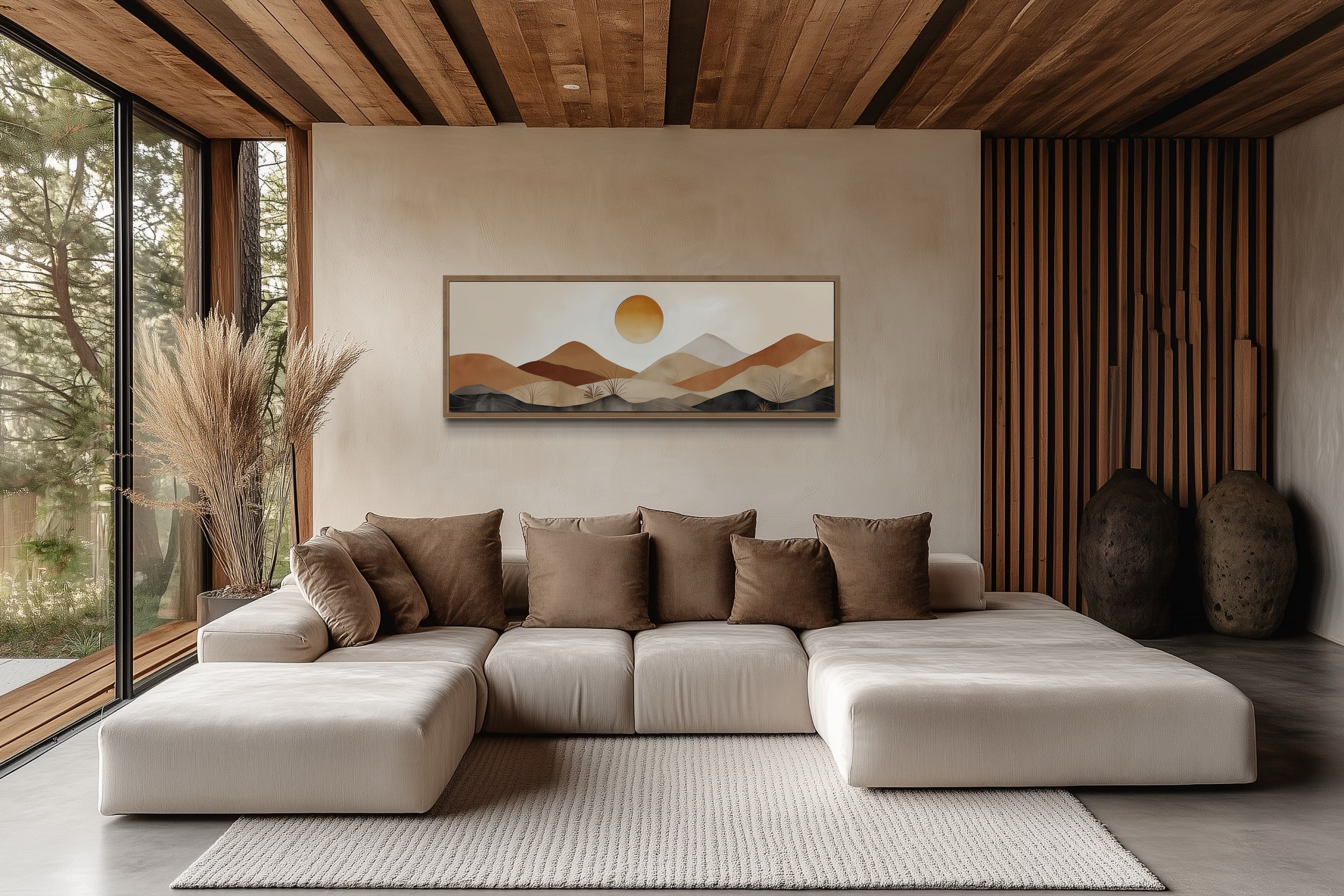 Mid Century Modern Neutral Brown Beige Mountain Landscape Canvas Wall Art