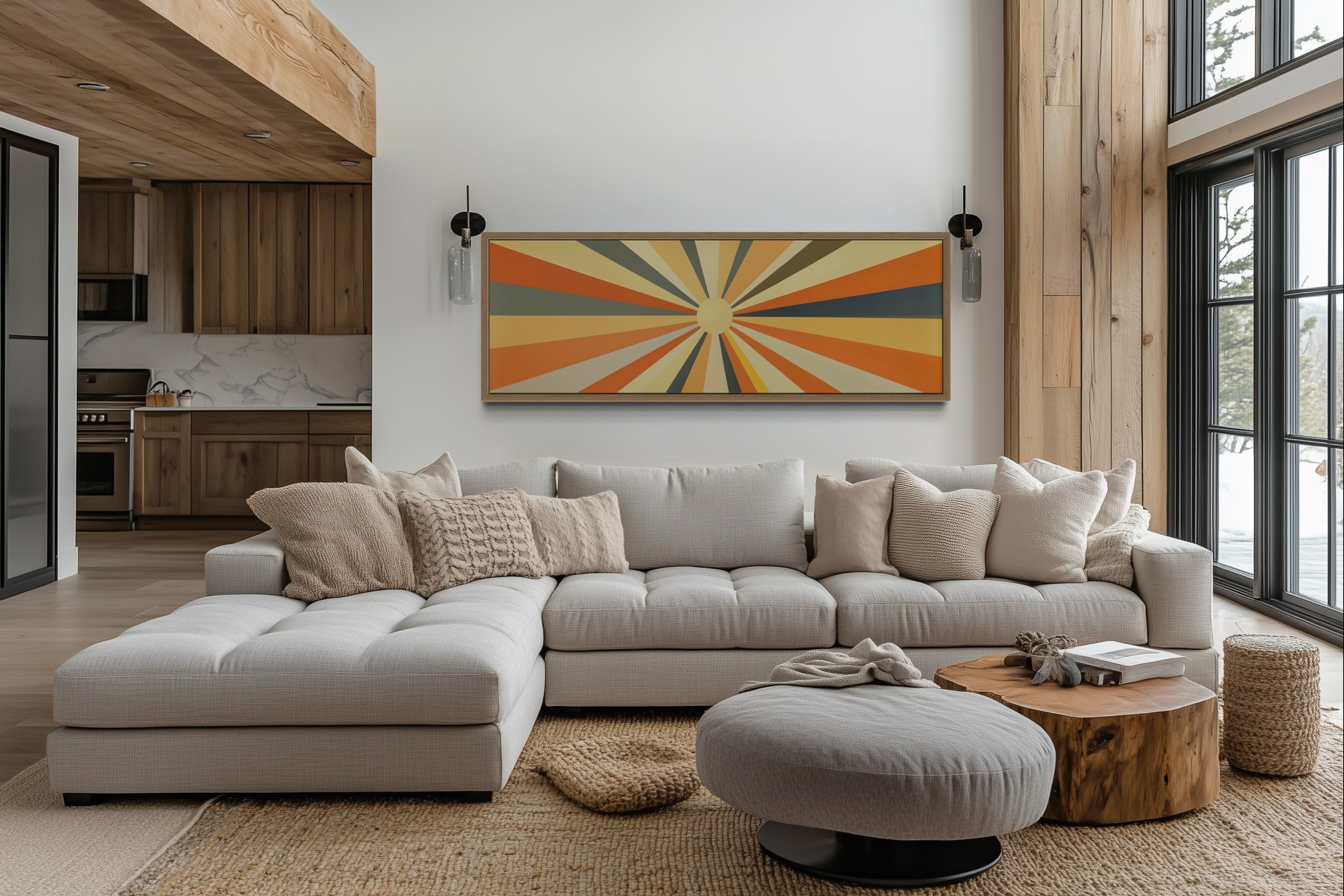Mid Century Modern Neutral Sun Long Horizontal Framed Canvas Wall Art
