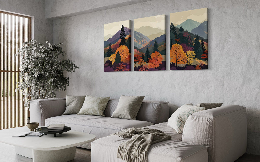 Mid Century Modern Purple Green Mountain Landscape Framed Canvas Wall Art