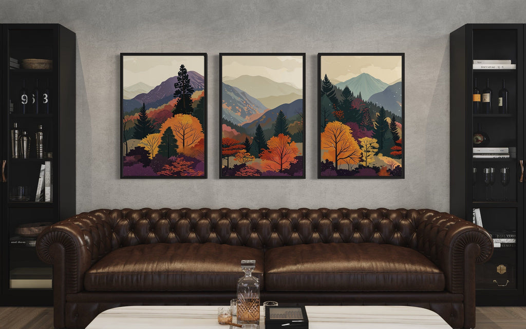 Mid Century Modern Purple Green Mountain Landscape Framed Canvas Wall Art
