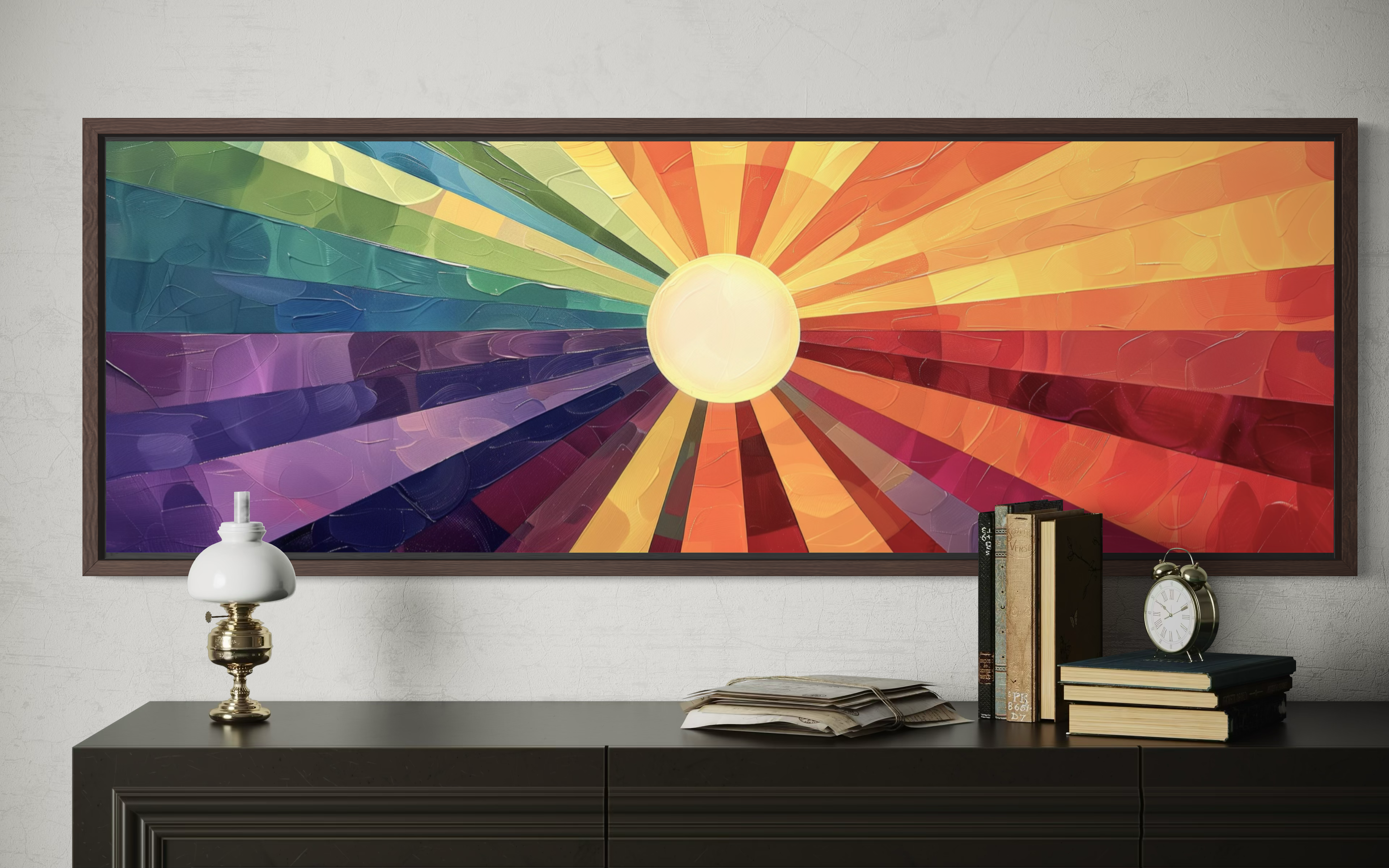 Mid Century Modern Purple Orange Sun Narrow Horizontal Wall Art