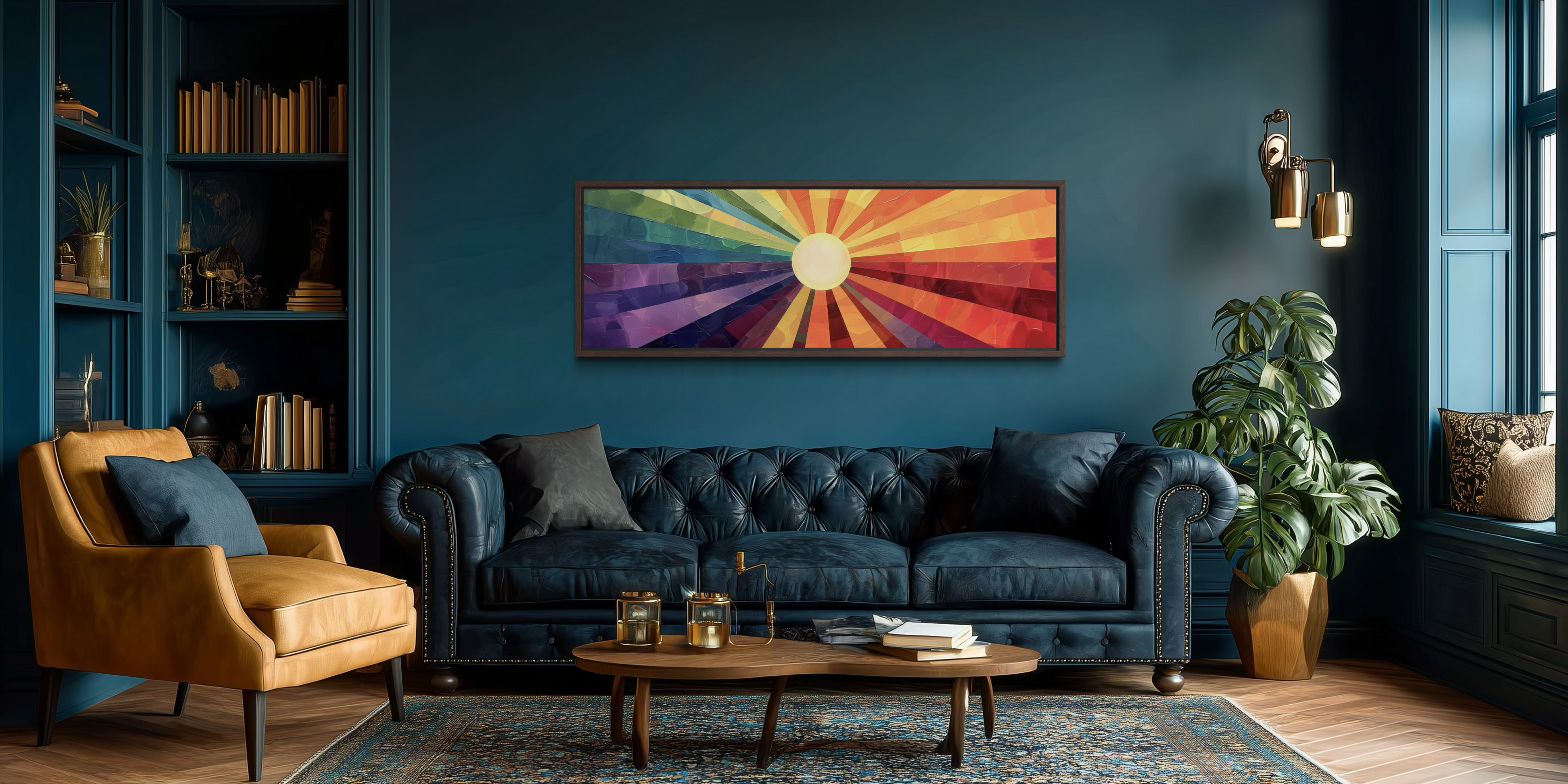 Mid Century Modern Purple Orange Sun Narrow Horizontal Wall Art