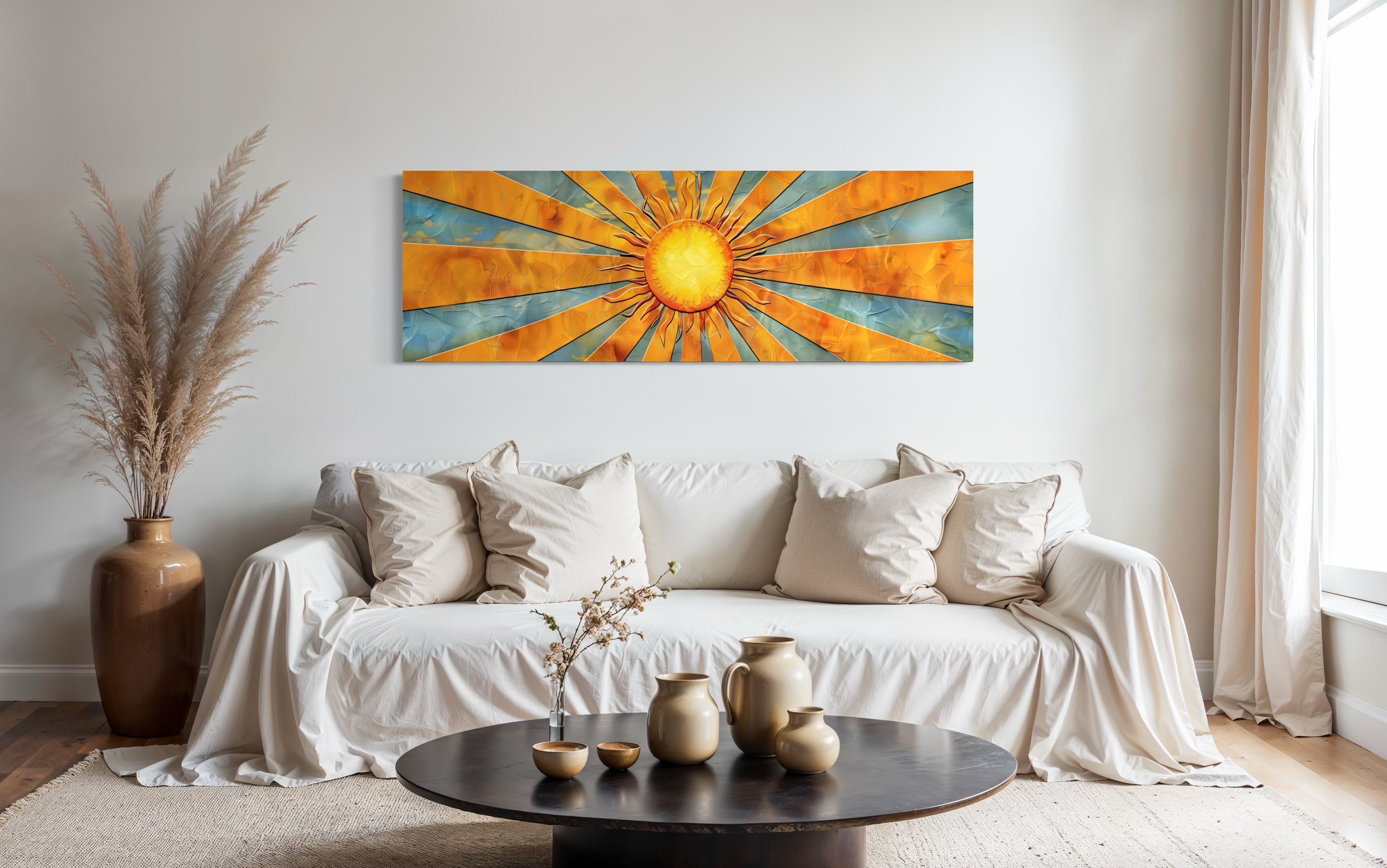 Mid Century Modern Yellow Sun Rays Horizontal Canvas Wall Art