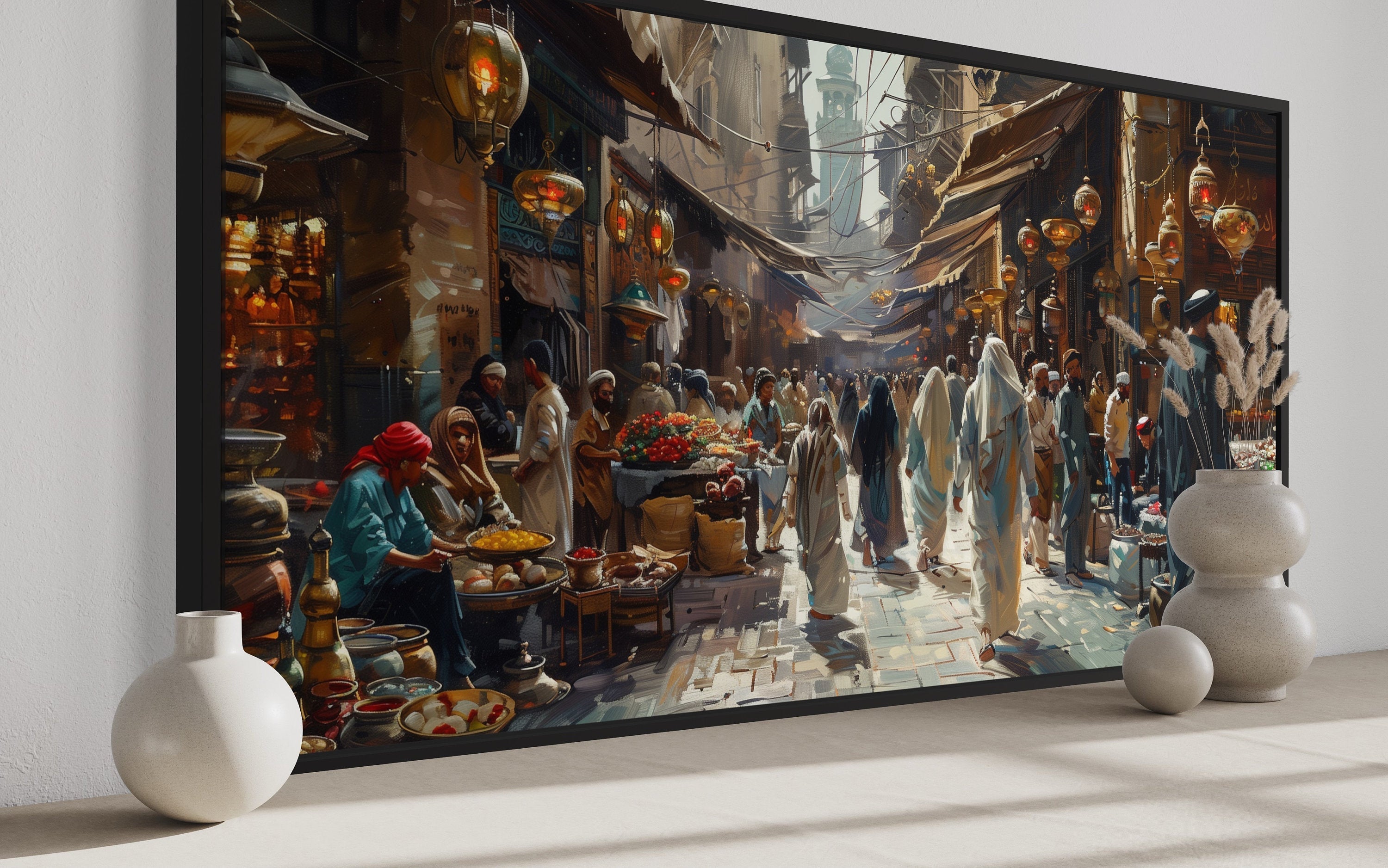 Middle Eastern Fruit Bazaar Framed Canvas Wall Art – Vibrant Market Scene Decor
