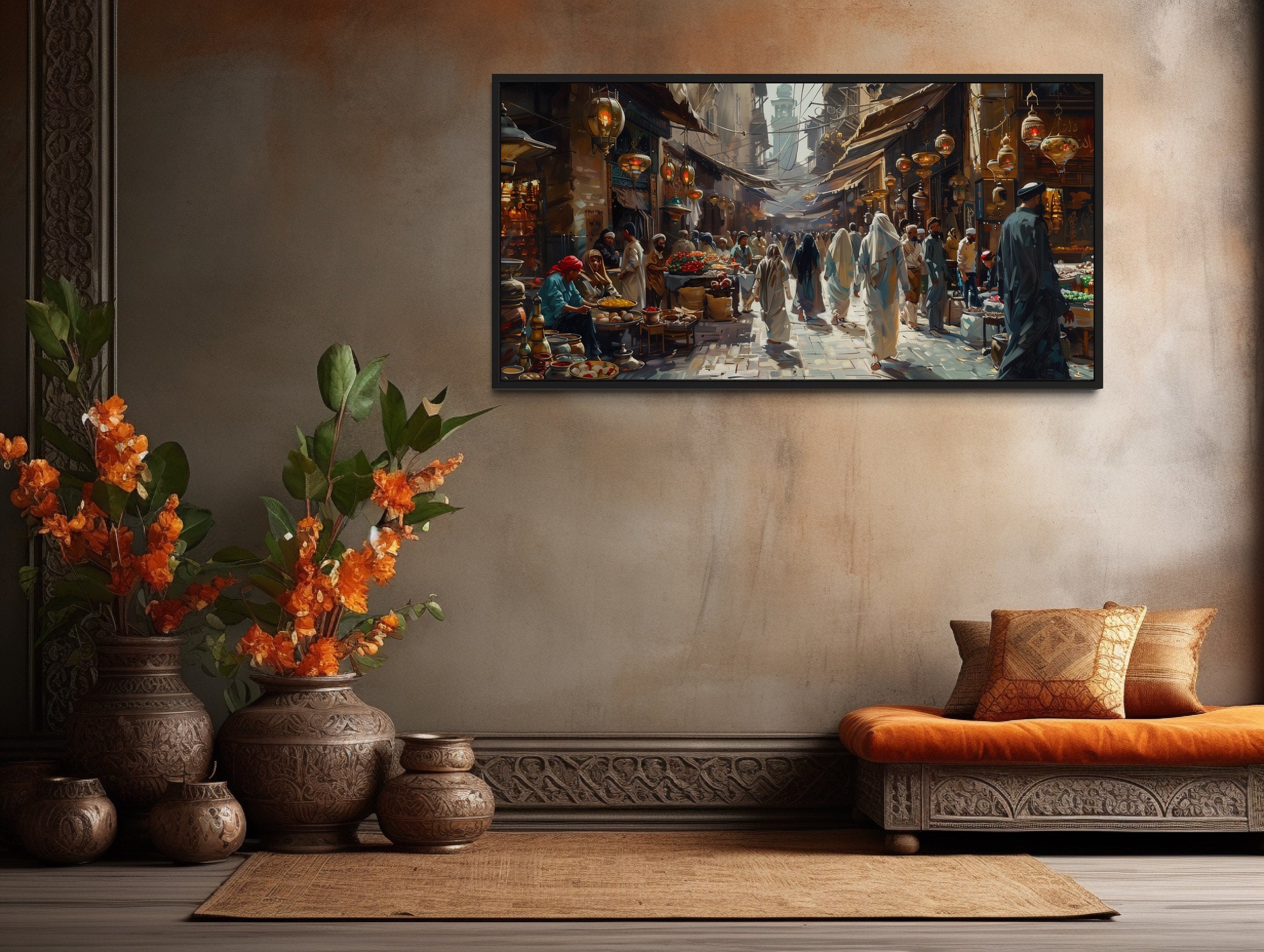 Middle Eastern Fruit Bazaar Framed Canvas Wall Art – Vibrant Market Scene Decor