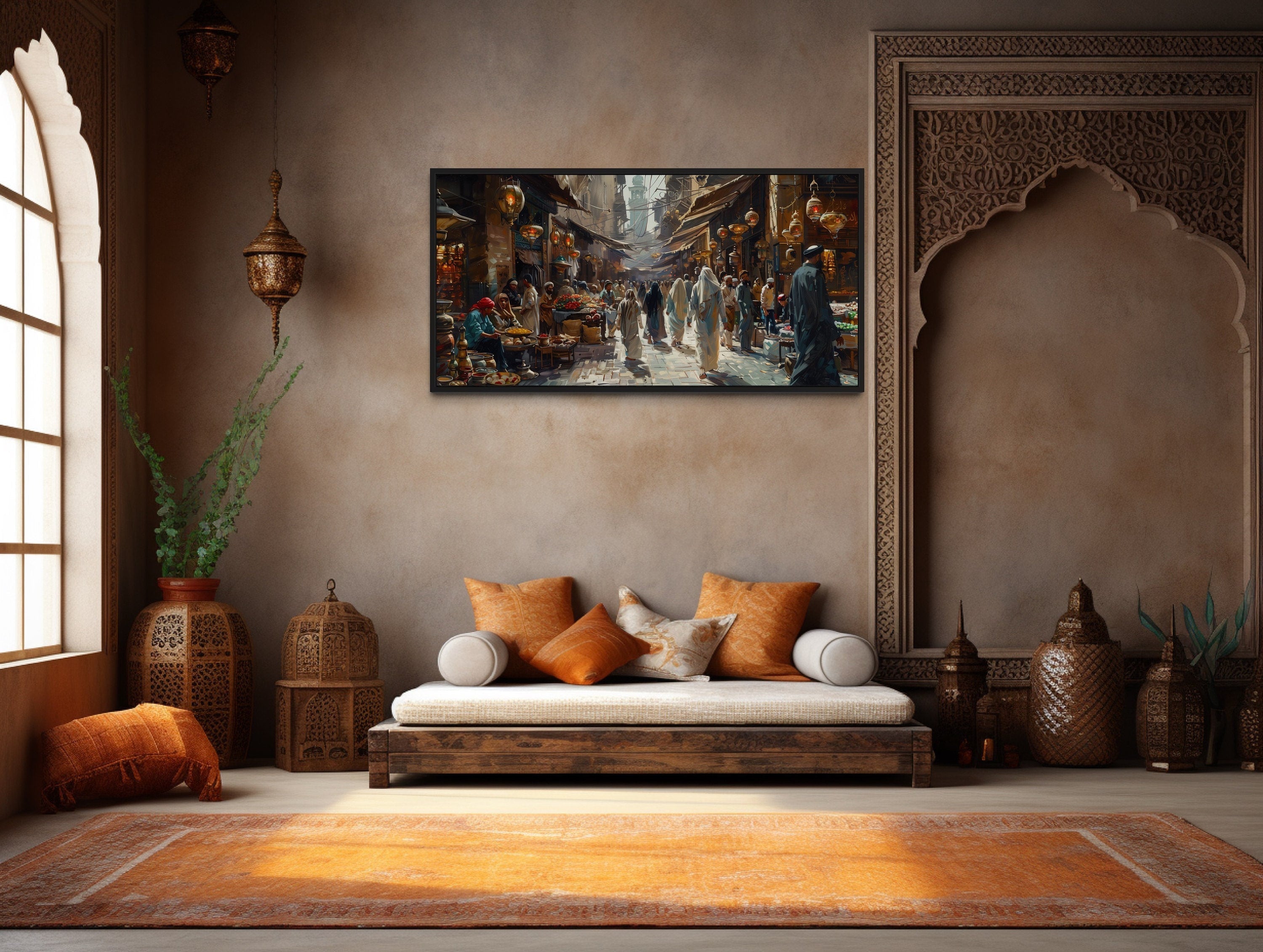 Middle Eastern Fruit Bazaar Framed Canvas Wall Art – Vibrant Market Scene Decor