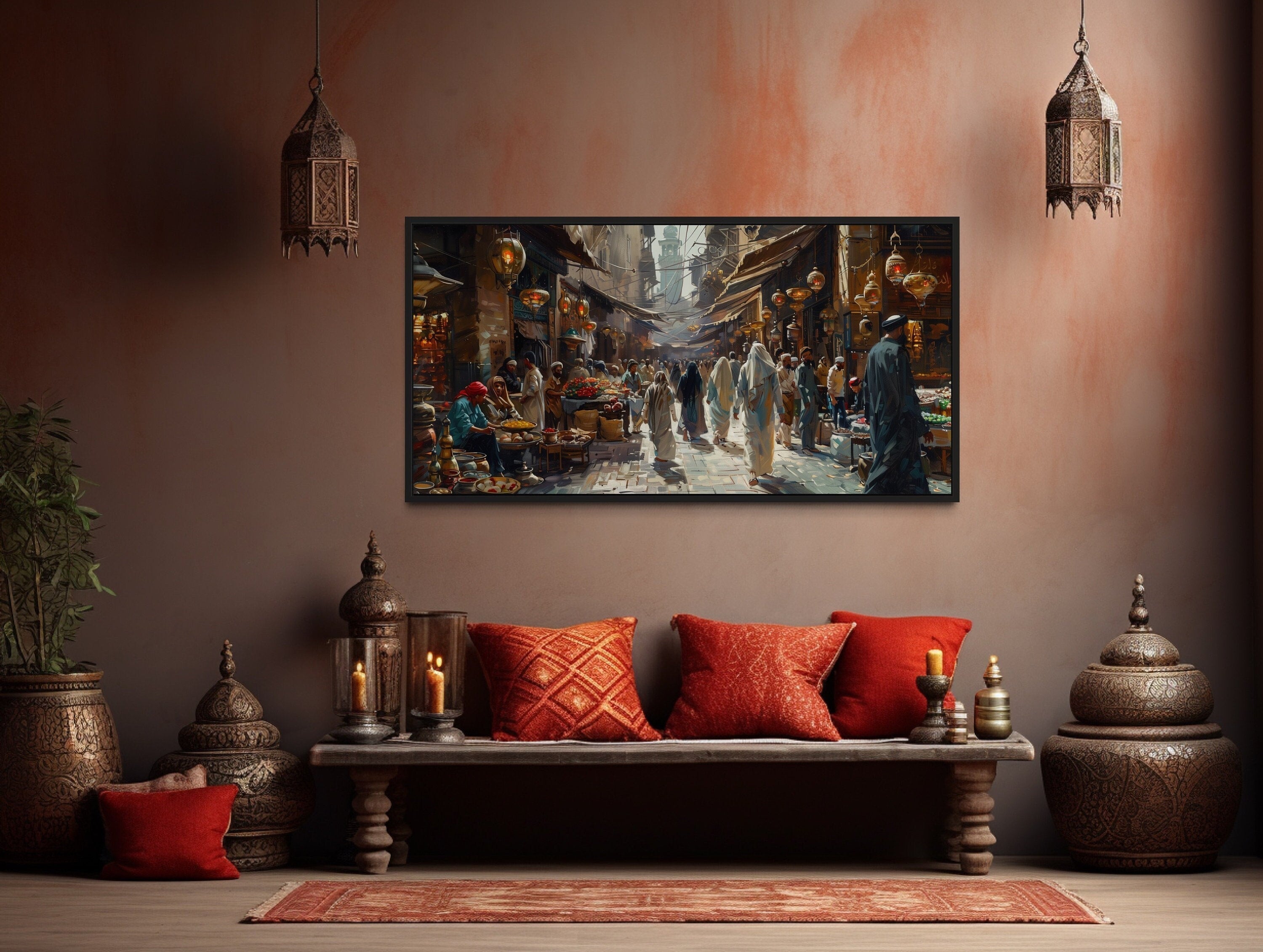 Middle Eastern Fruit Bazaar Framed Canvas Wall Art – Vibrant Market Scene Decor