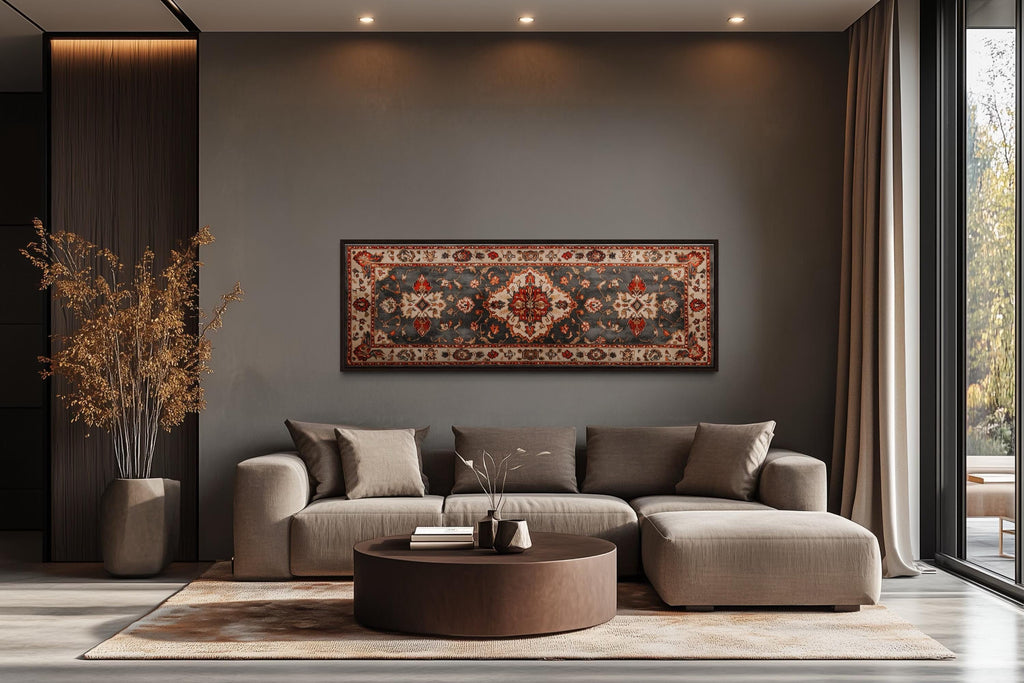 Middle Eastern Rug Style Long Horizontal Red Cream Canvas Wall Art