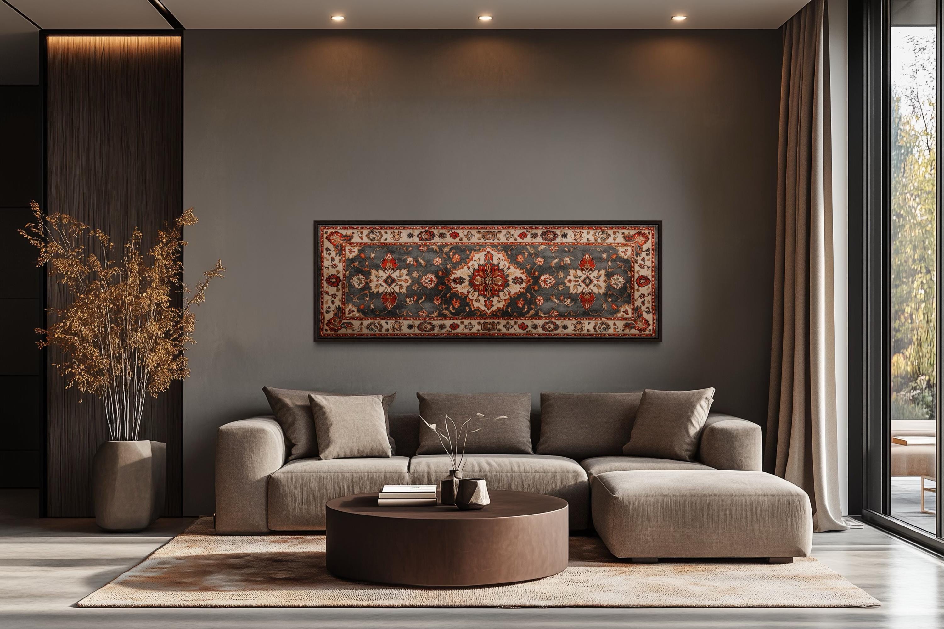 Middle Eastern Rug Style Long Horizontal Red Cream Canvas Wall Art