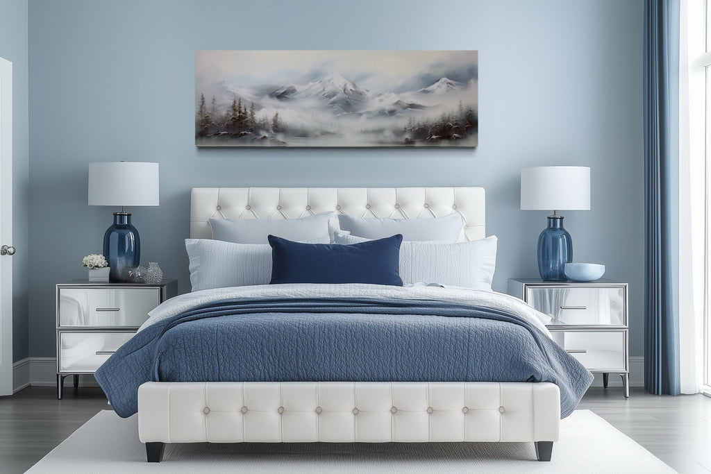 Minimalist Abstract Mountain Horizontal Grey Silver White Over Bed Wall Art