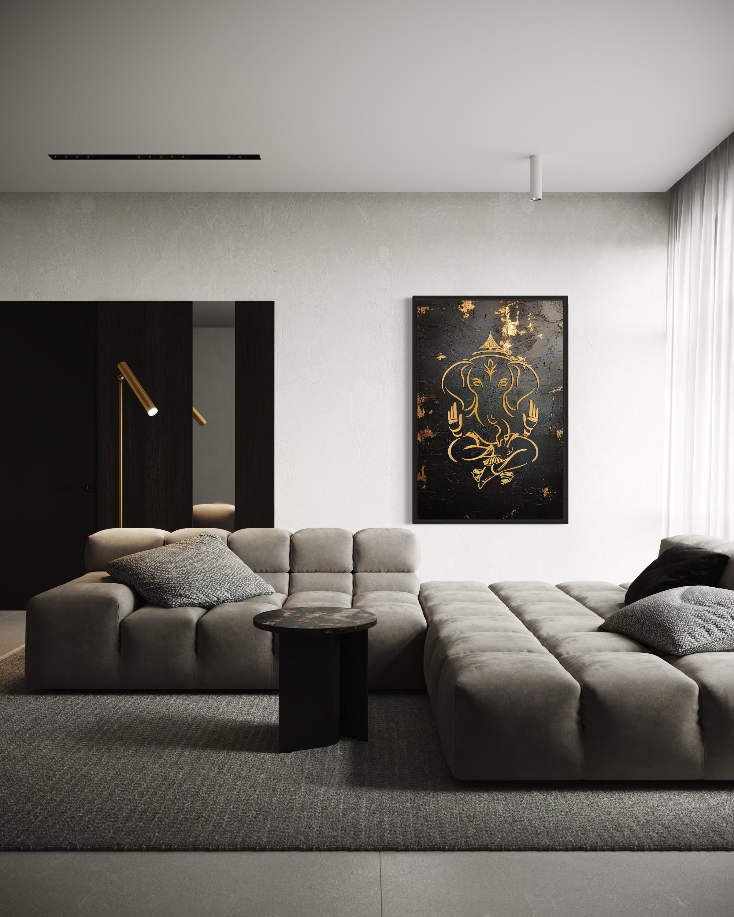 Minimalist Black Gold Lord Ganesha Framed Canvas Wall Art