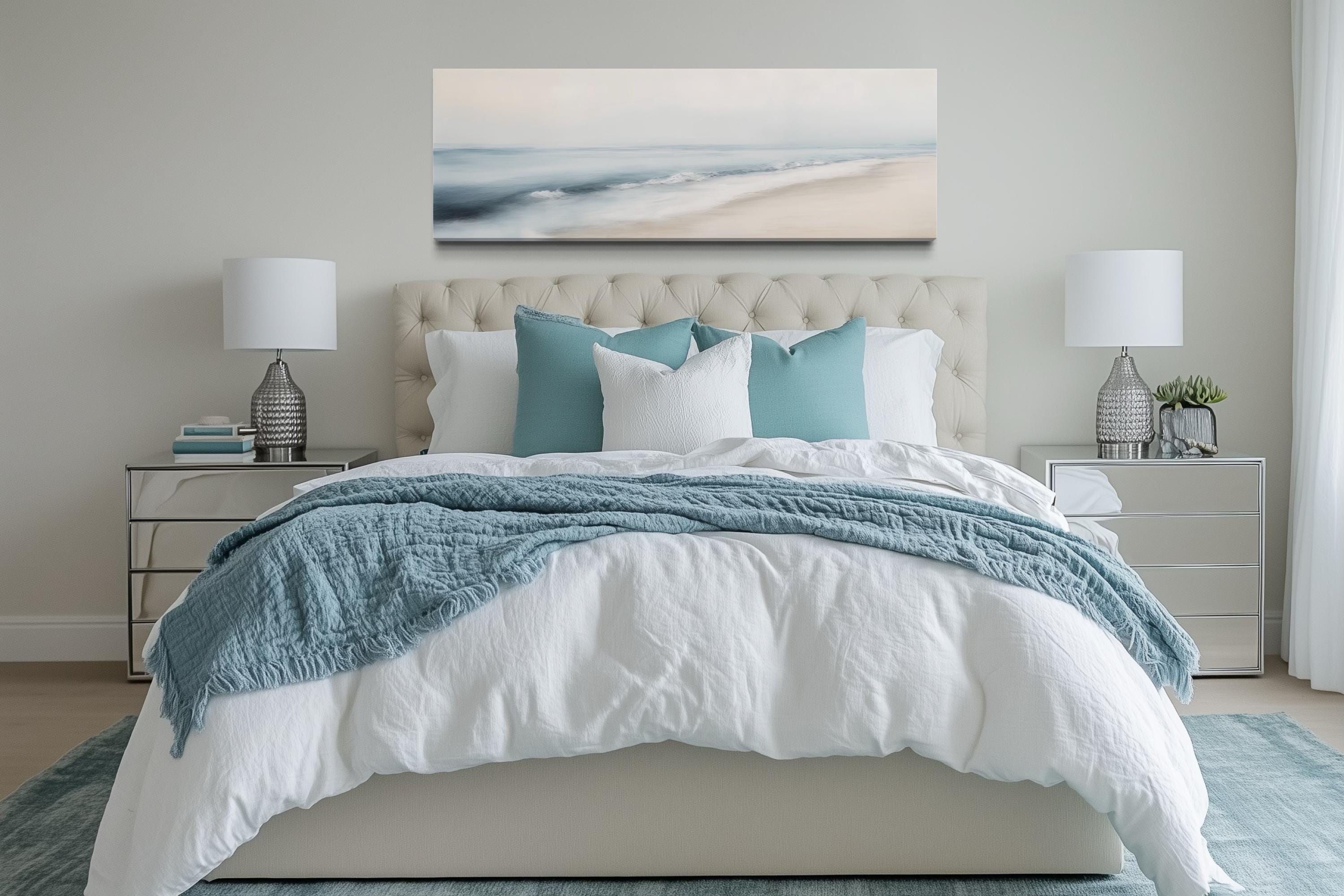 Minimalist Coastal Gray Blue Watercolor Panoramic Ocean Beach