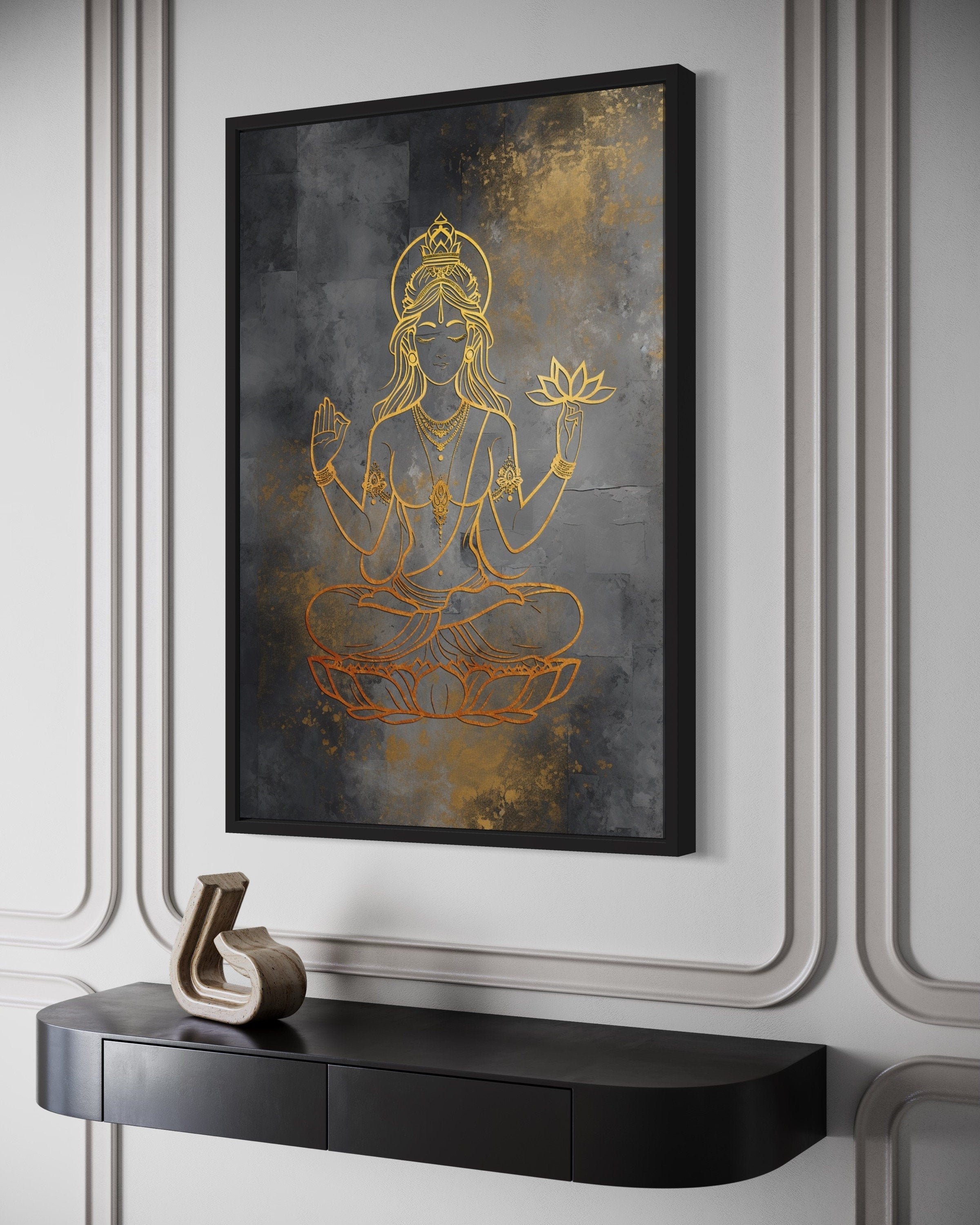 Minimalist Lakshmi Gold Silver Indian Goddess Framed Canvas Wall Art