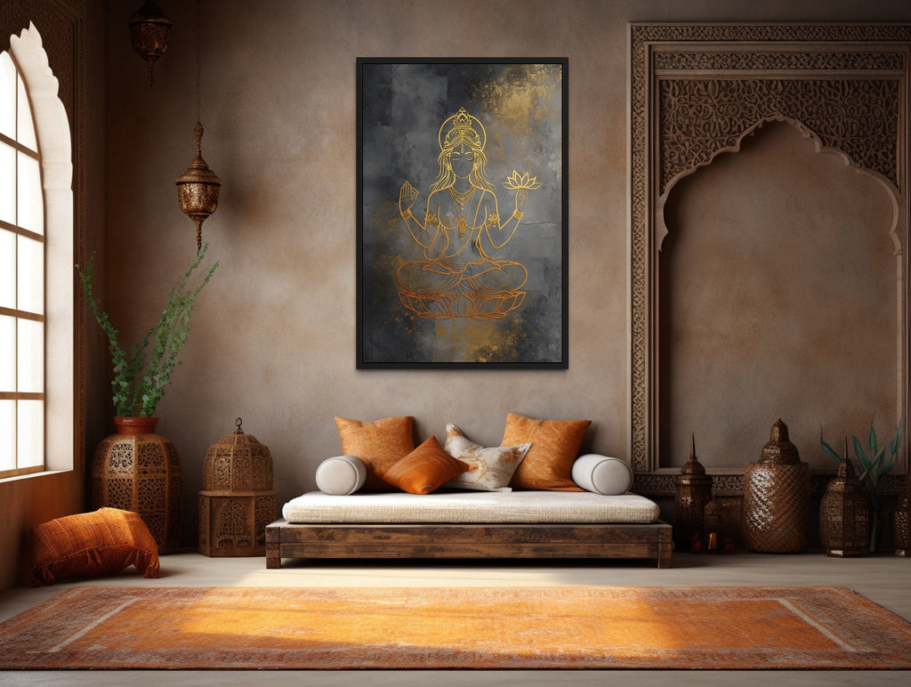 Minimalist Lakshmi Gold Silver Indian Goddess Framed Canvas Wall Art