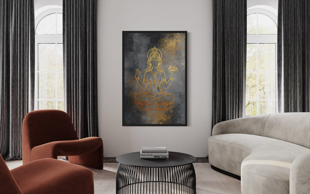 Minimalist Lakshmi Gold Silver Indian Goddess Framed Canvas Wall Art