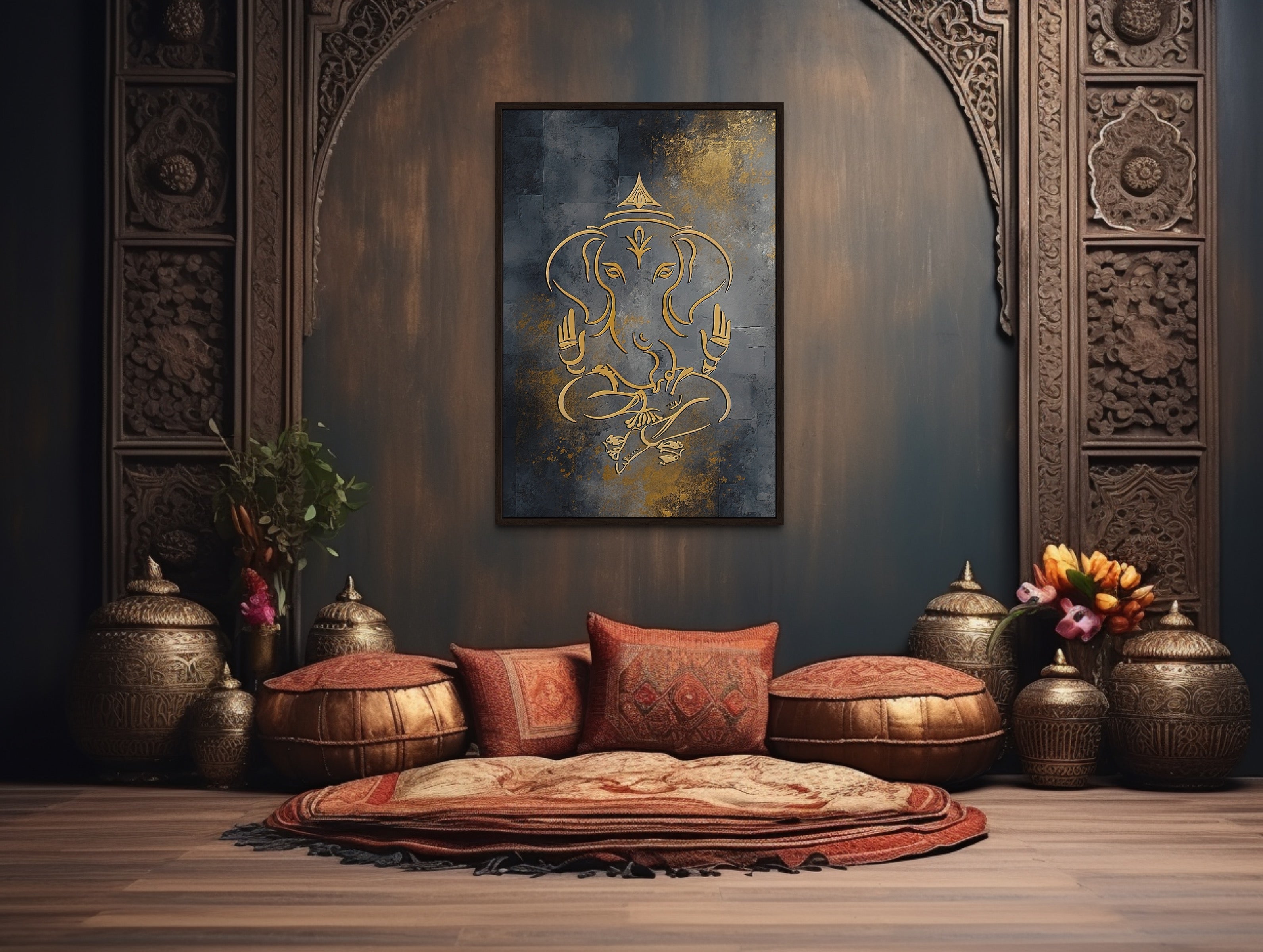 Minimalist Modern Silver Gold Lord Ganesha Indian Framed Canvas Wall Art