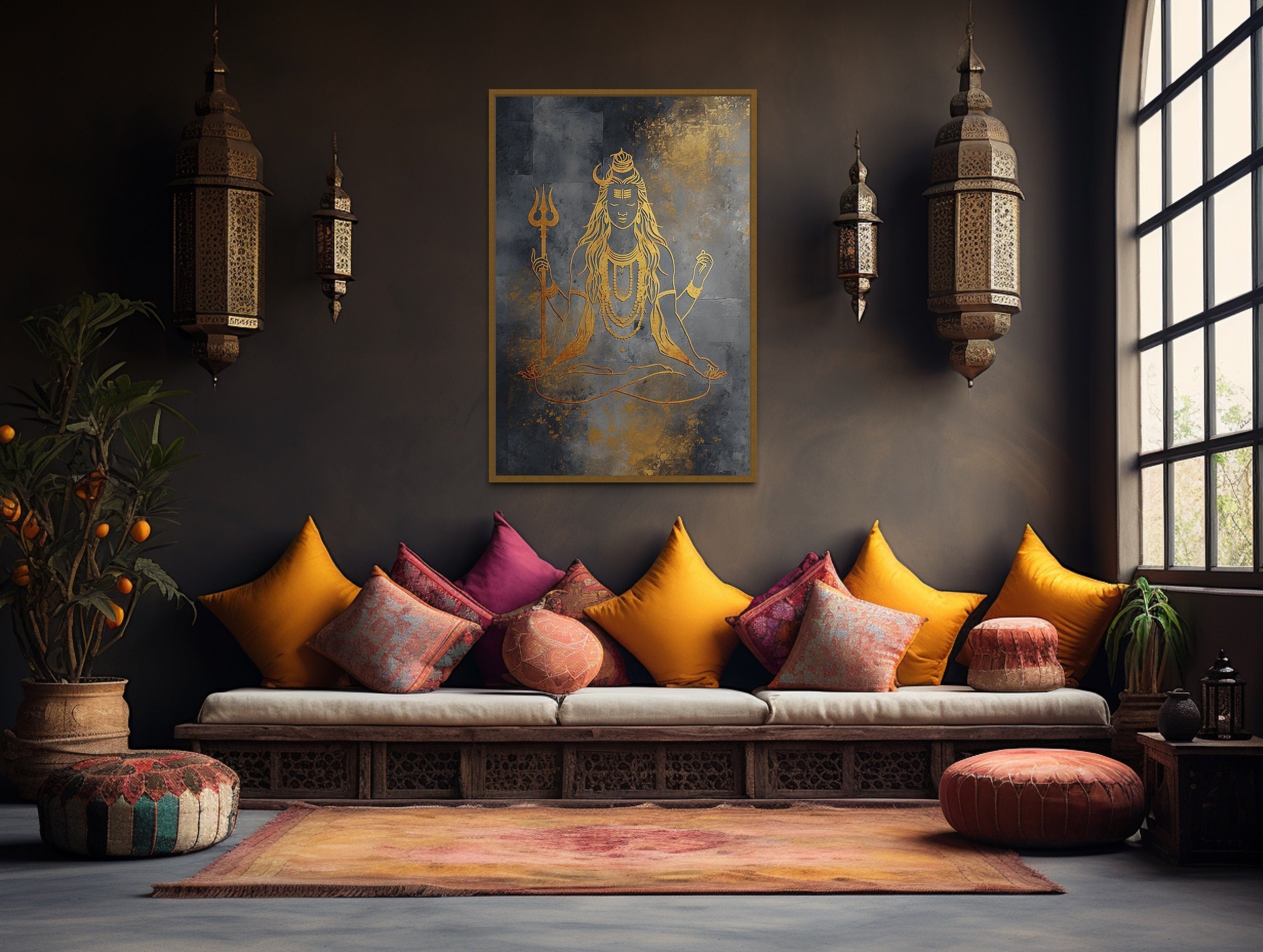 Minimalist Silver Gold Lord Shiva Indian Framed Canvas Wall Art