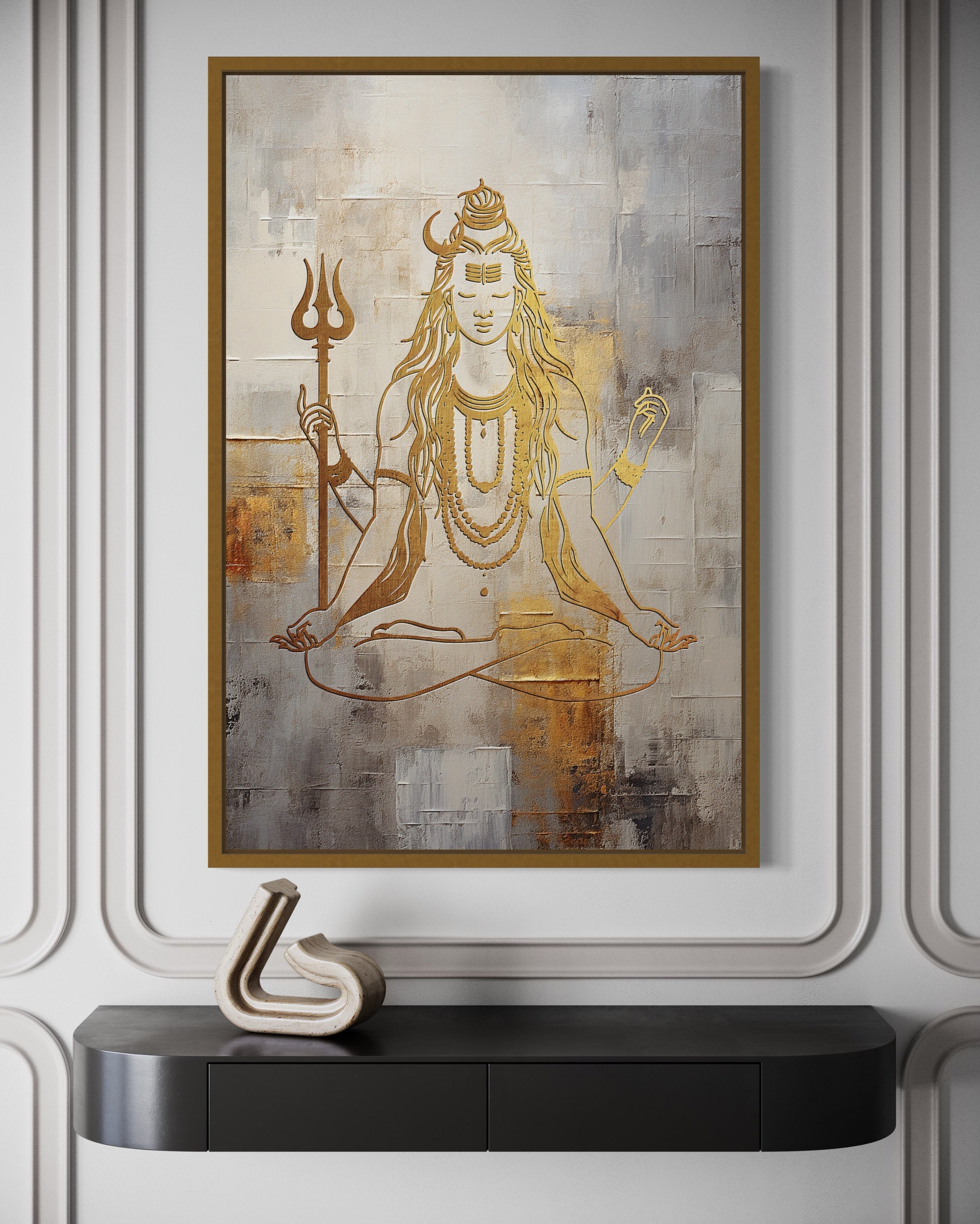 Minimalist White Gold Lord Shiva Painting Framed Indian Canvas Wall Art