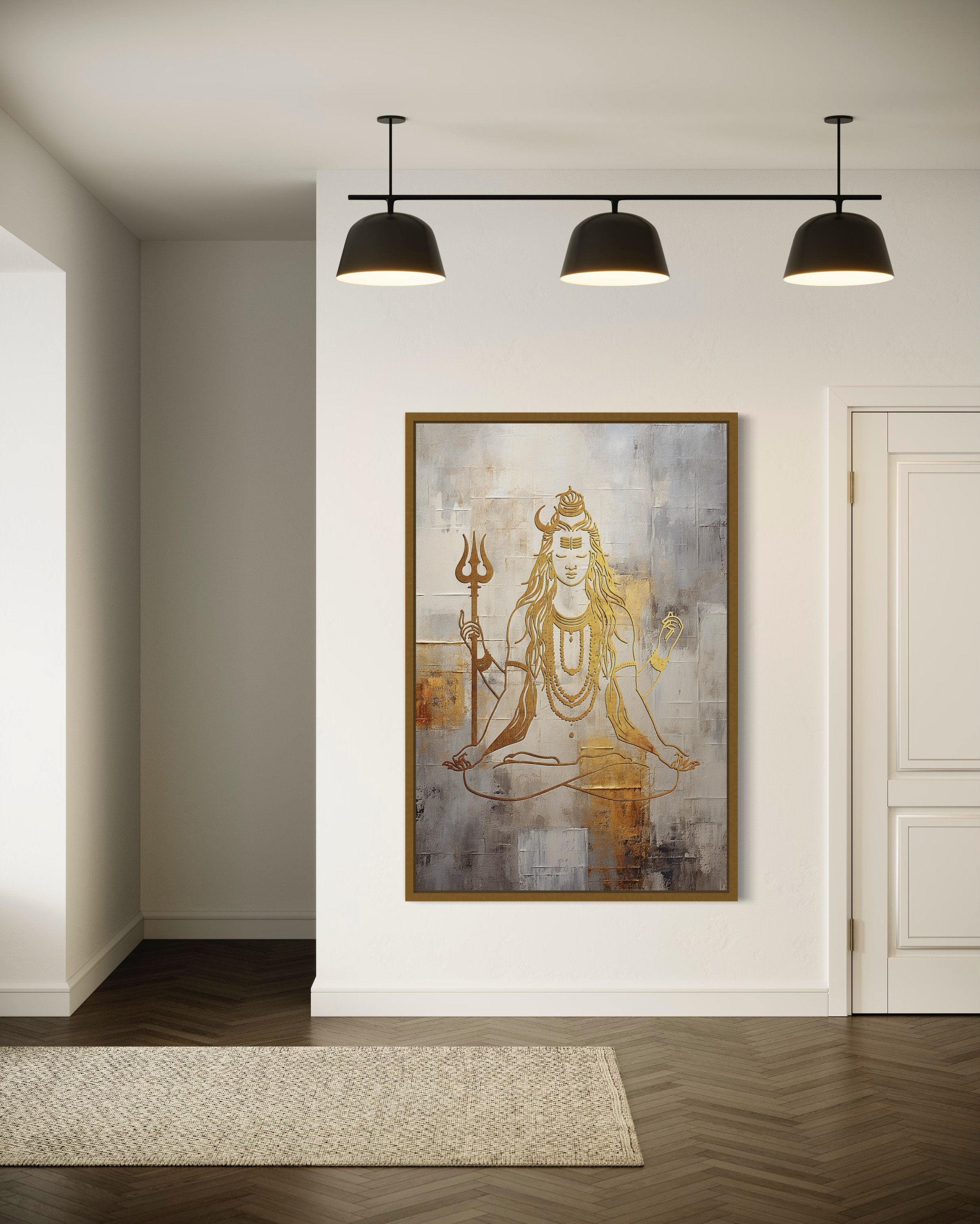 Minimalist White Gold Lord Shiva Painting Framed Indian Canvas Wall Art