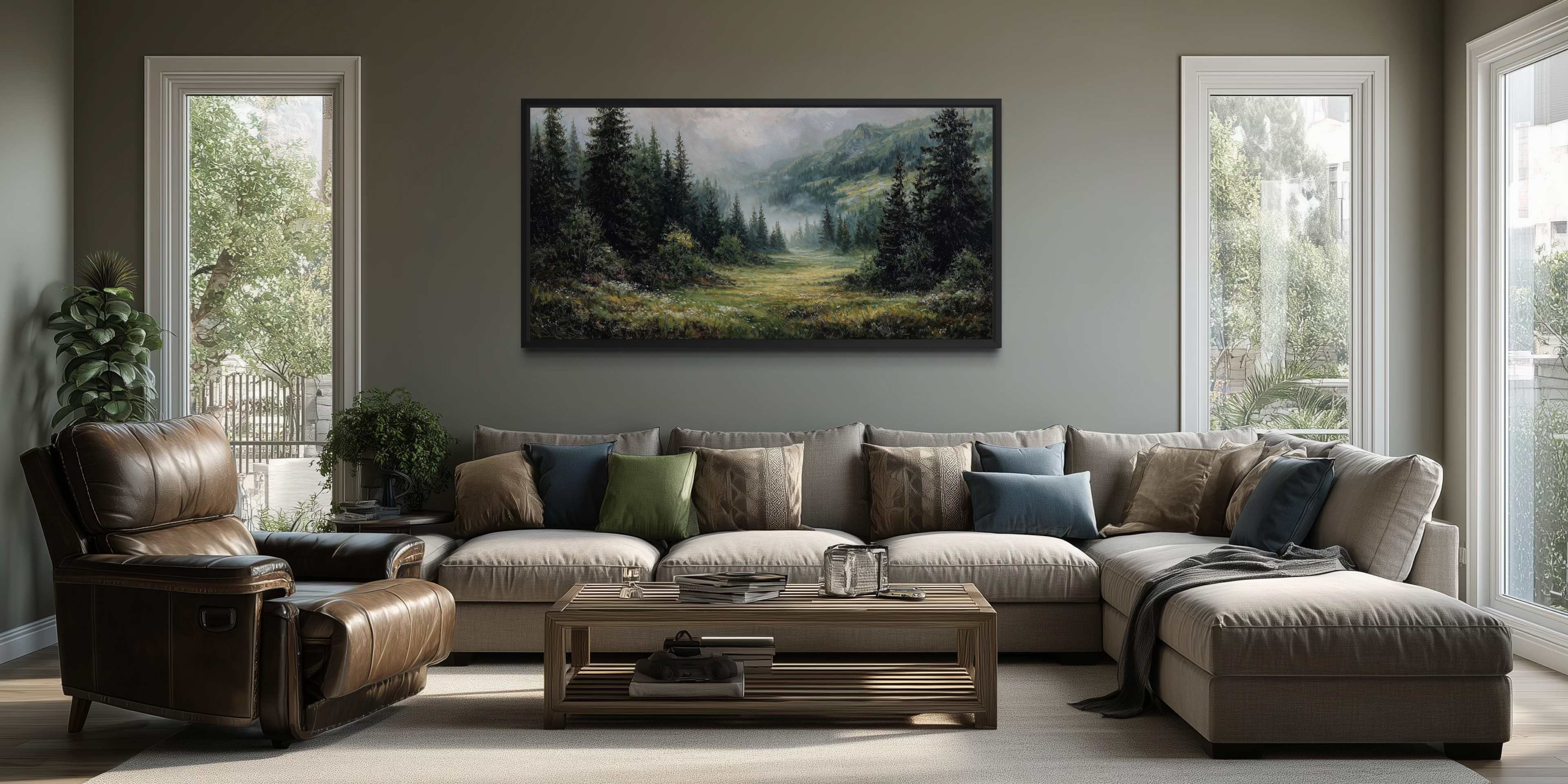 Misty Mountain Meadow and Pine Forest Canvas Wall Art